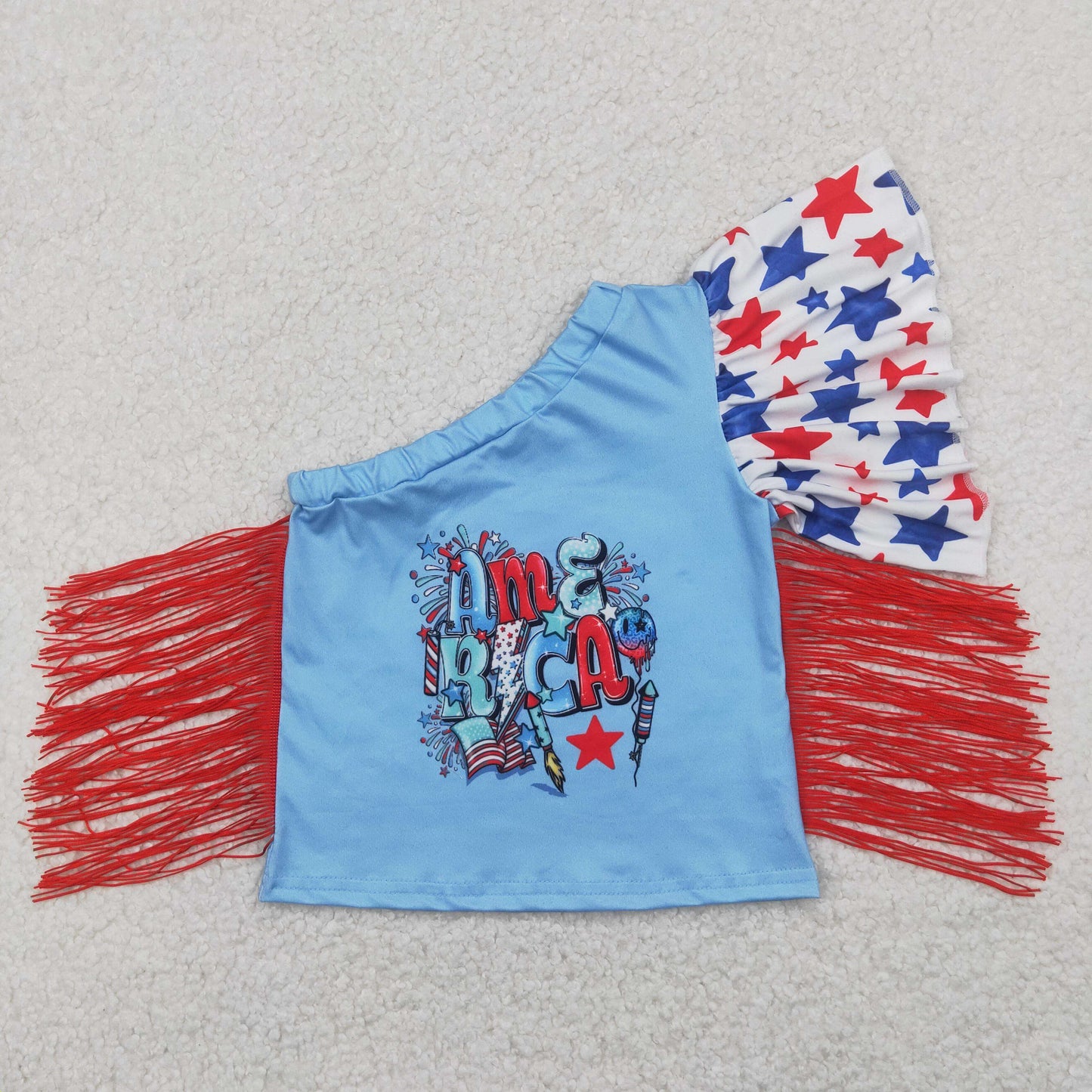 GT0942 July 4th America Blue One-sleeve Tassels Girls Top