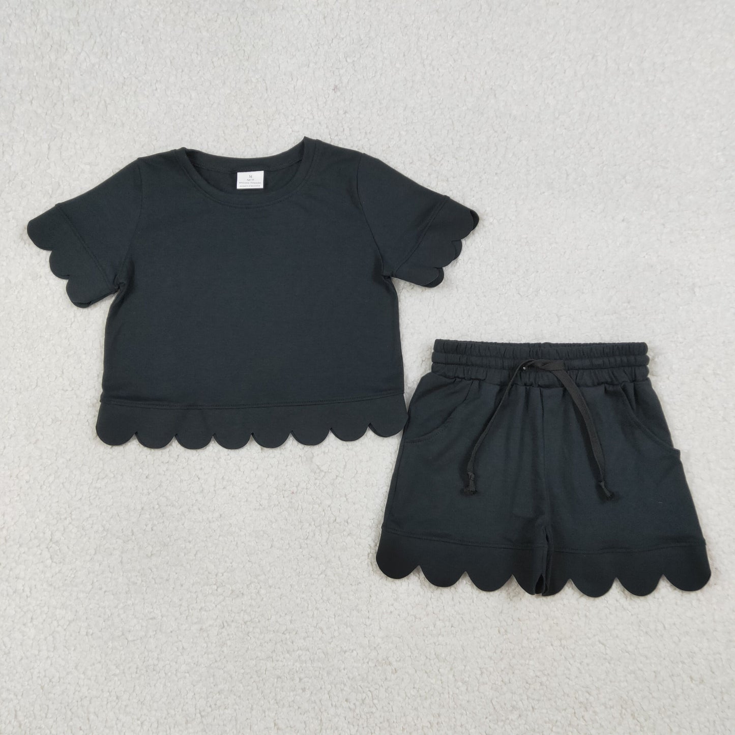 GSSO3172 Scallop Black Short Sleeve Shorts Girls Set