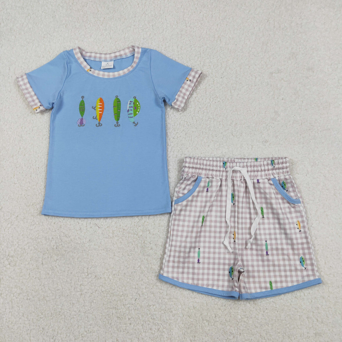 Embroidery BSSO1617 fishing blue short sleeve checkered shorts boys set