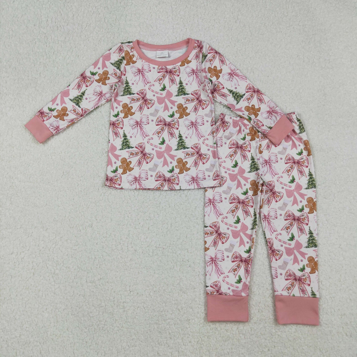 GLP2542 Christmas bows tree candy cane gingerbread man holly berry pink long sleeve pants girls pajamas