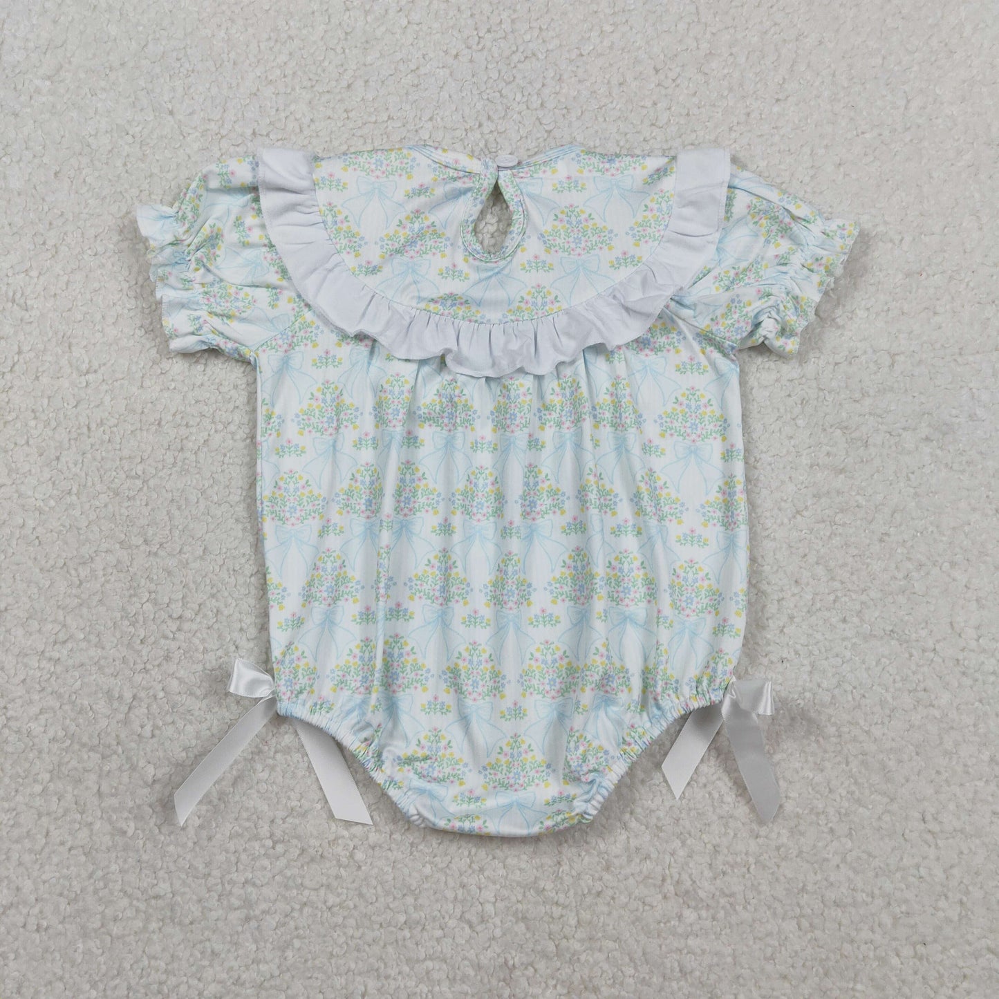 Enbroidery SR3487 Blue Bows Flowers Short Sleeve Girls Romper