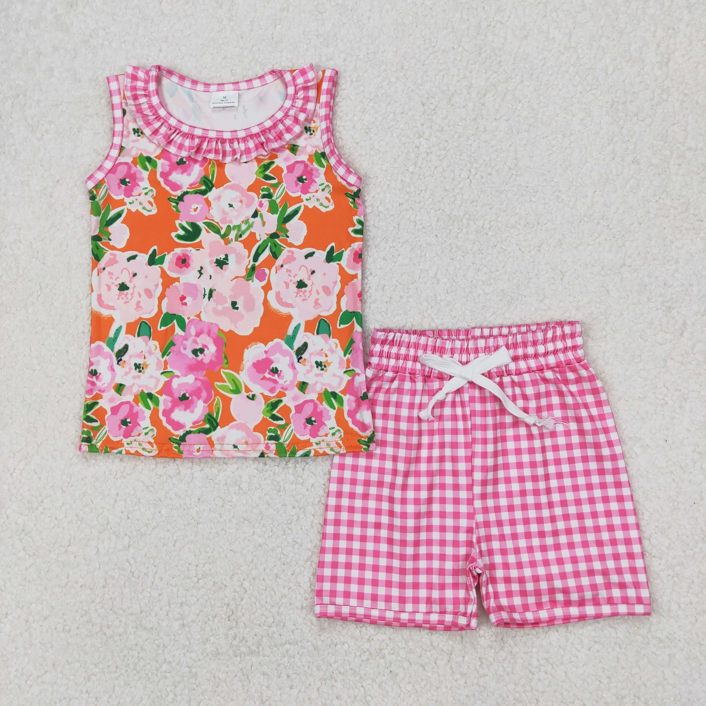 GSSO2413 colorful flowers sleeveless pink checkered shorts girls set