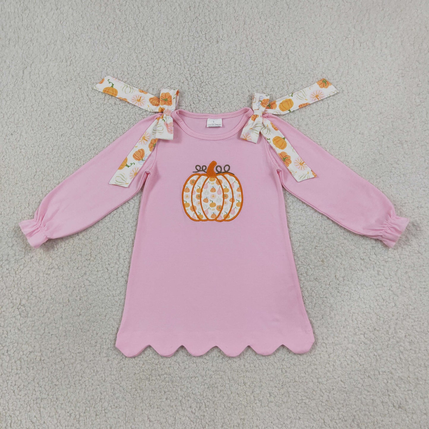 Embroidery GLD1642 Scallop Pumpkin Pink Long Sleeve Girls Dress