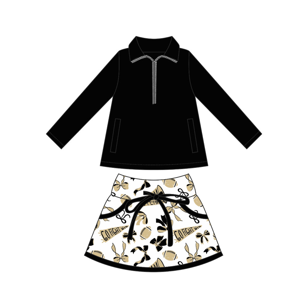 custom moq 3 football item yoga black zipper long sleeve golden cheer bows skorts skirt girls set