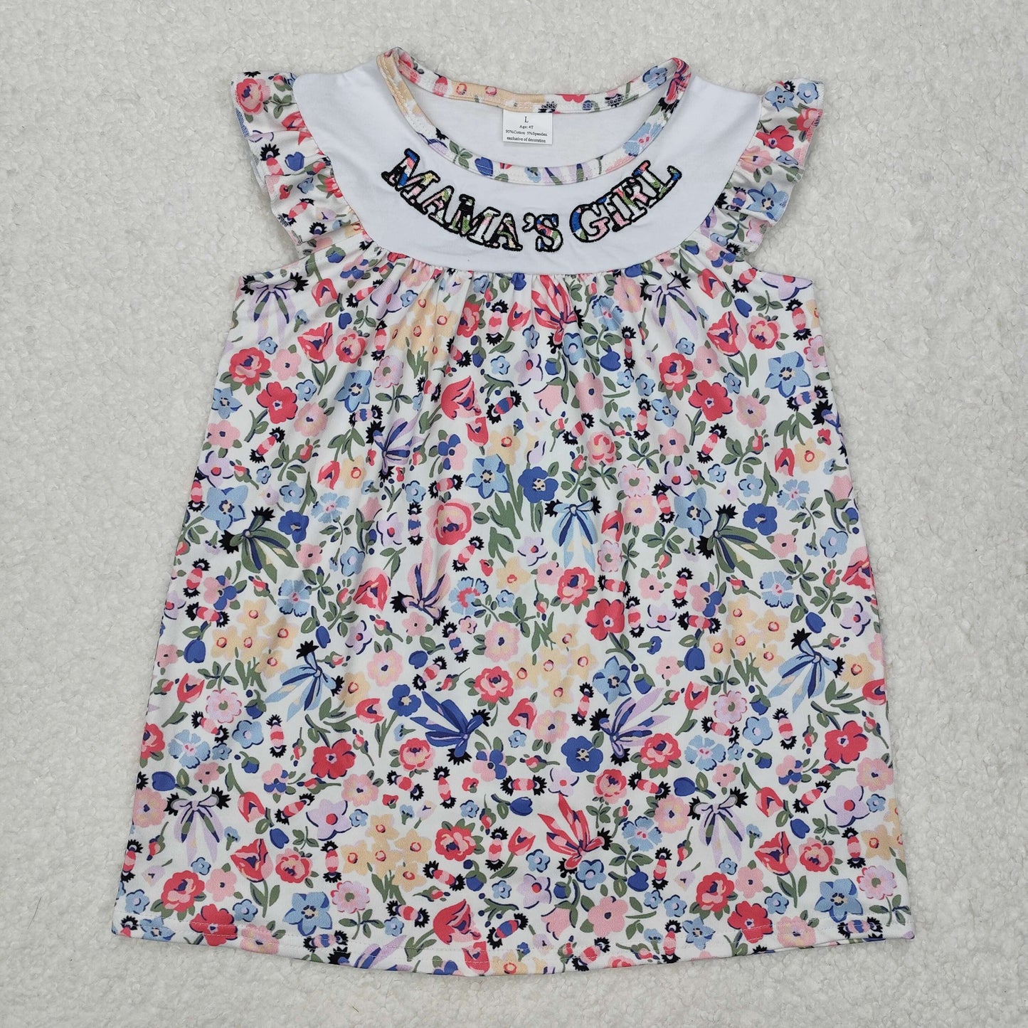 GSD1658 Embroidery MAMA'S Girl Colorful Flowers Flutter Sleeve Girls Floral Dress
