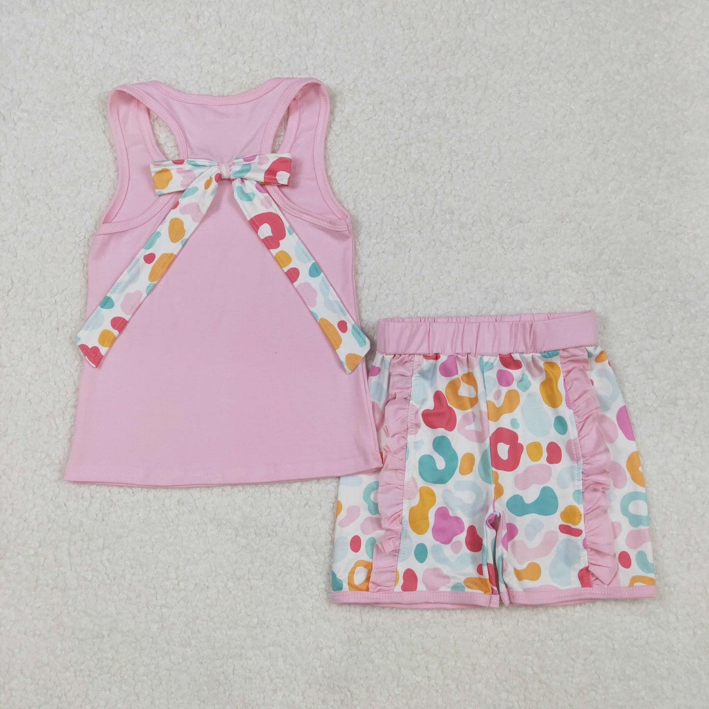 GSSO1981 Pink Pocket With Bows Top Colorful Leopard Shorts Girls Set