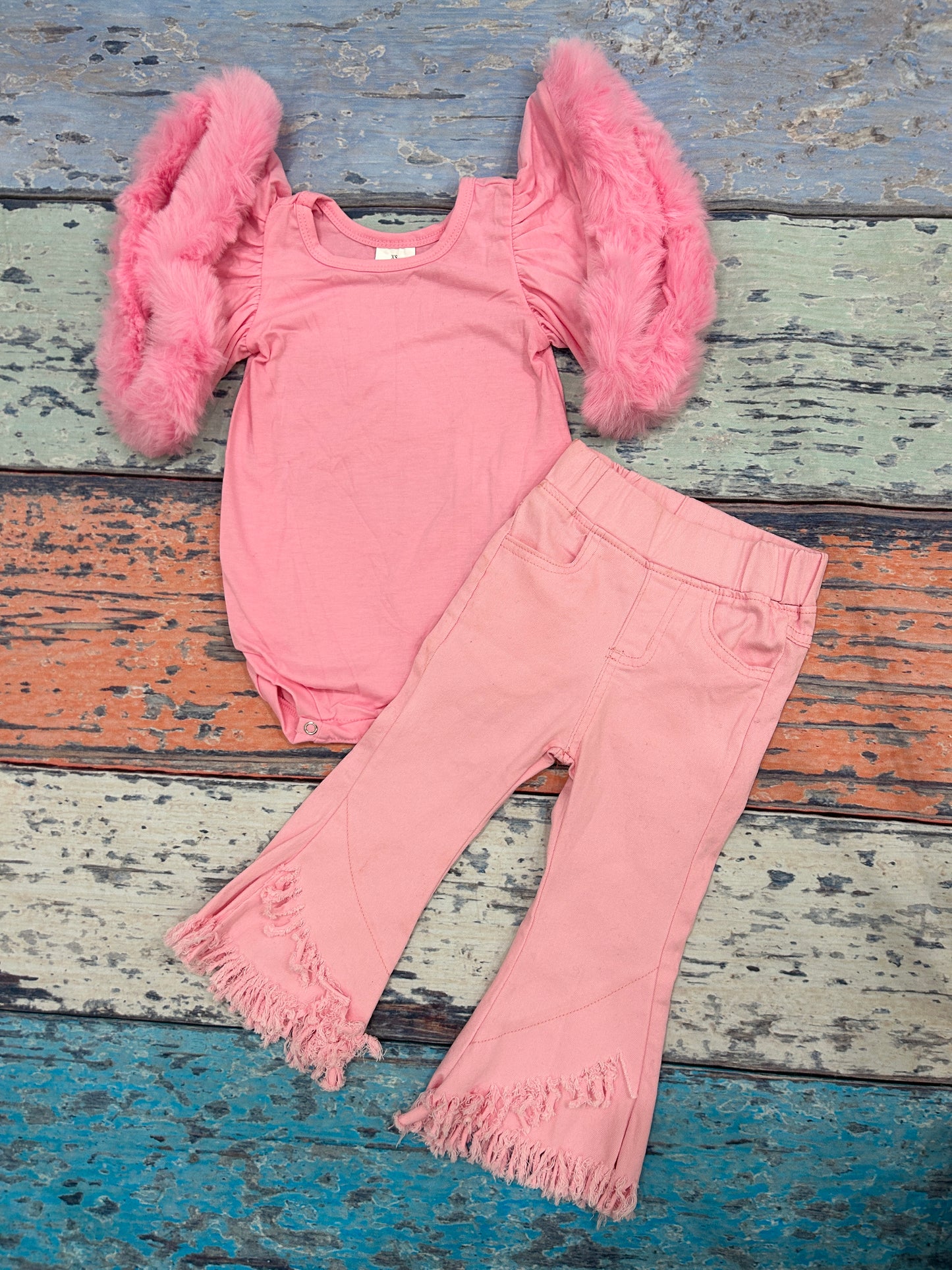 Valentine's Day Pink Fur Sleeve Romper Pink Tassels Jeans Girls Set