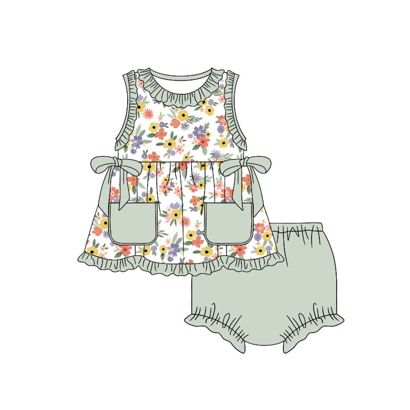 Custom Colorful flowers grey green pockets sleeveless girls bummies set moq3