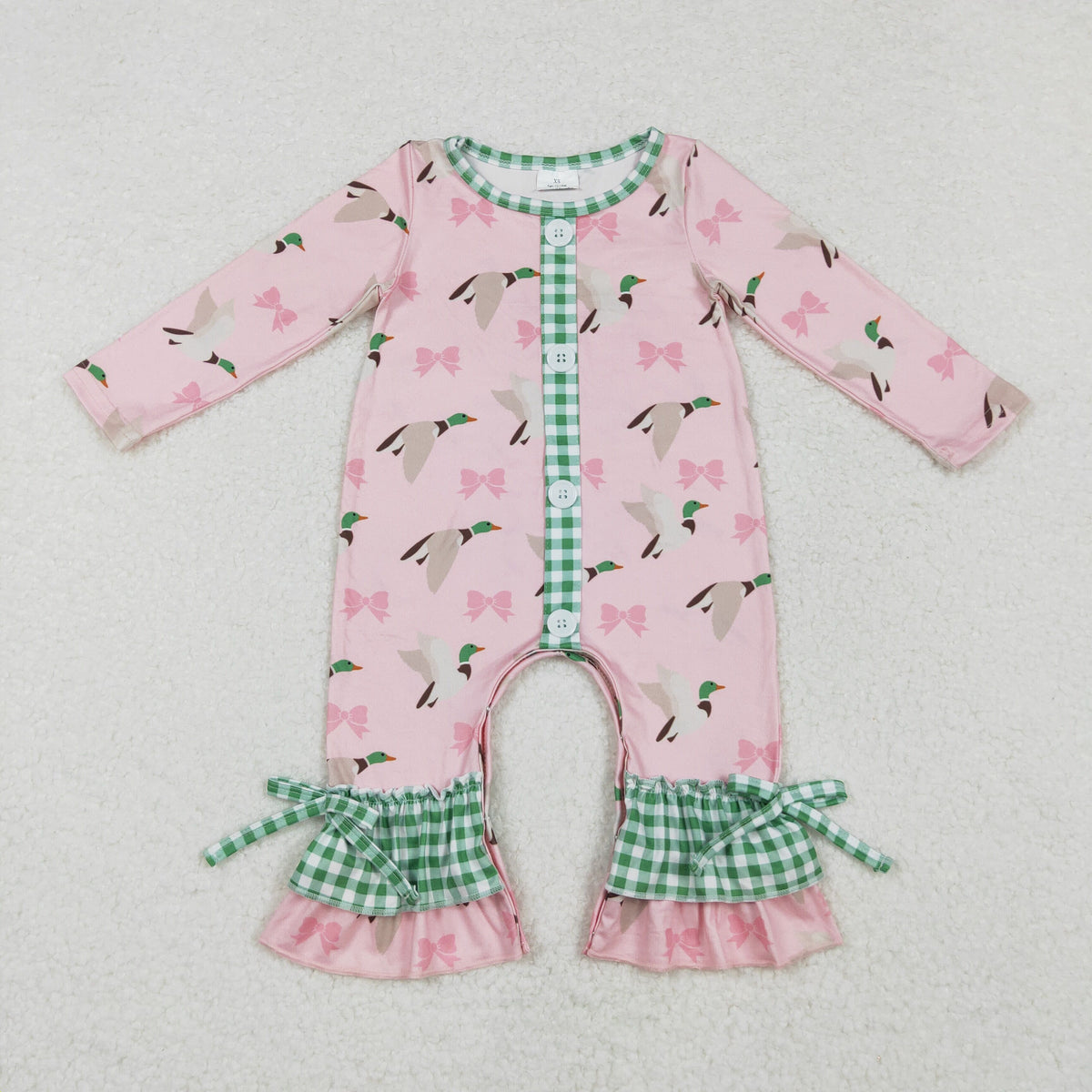 LR1689 hunting mallard pink bow long sleeve girls romper