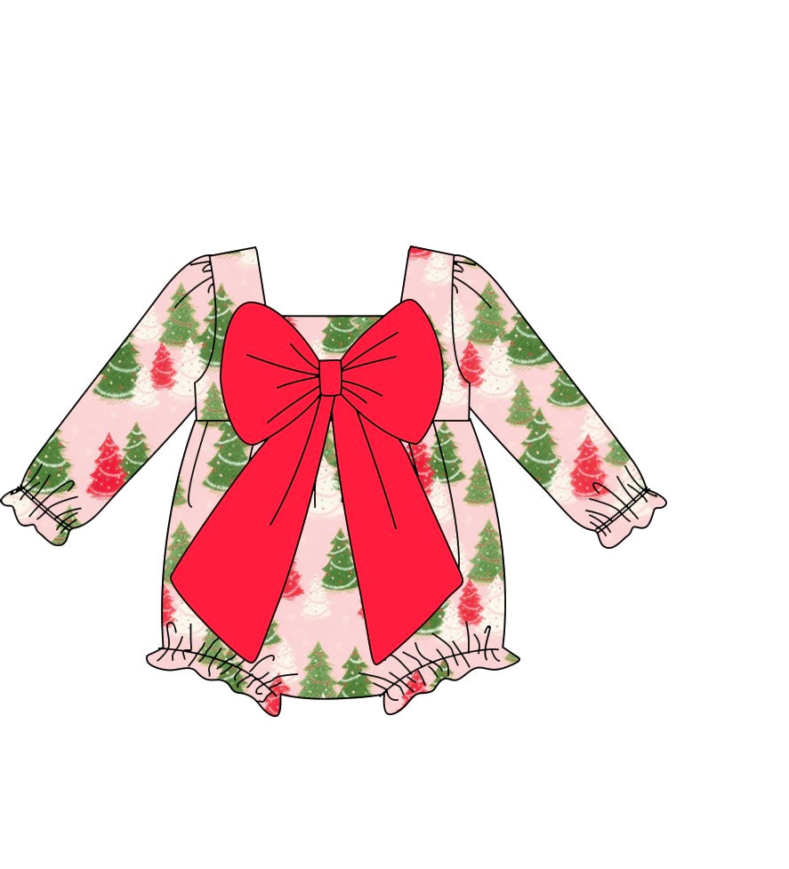 custom moq 5 Chrstmas tree with big bow long sleeve girls romper