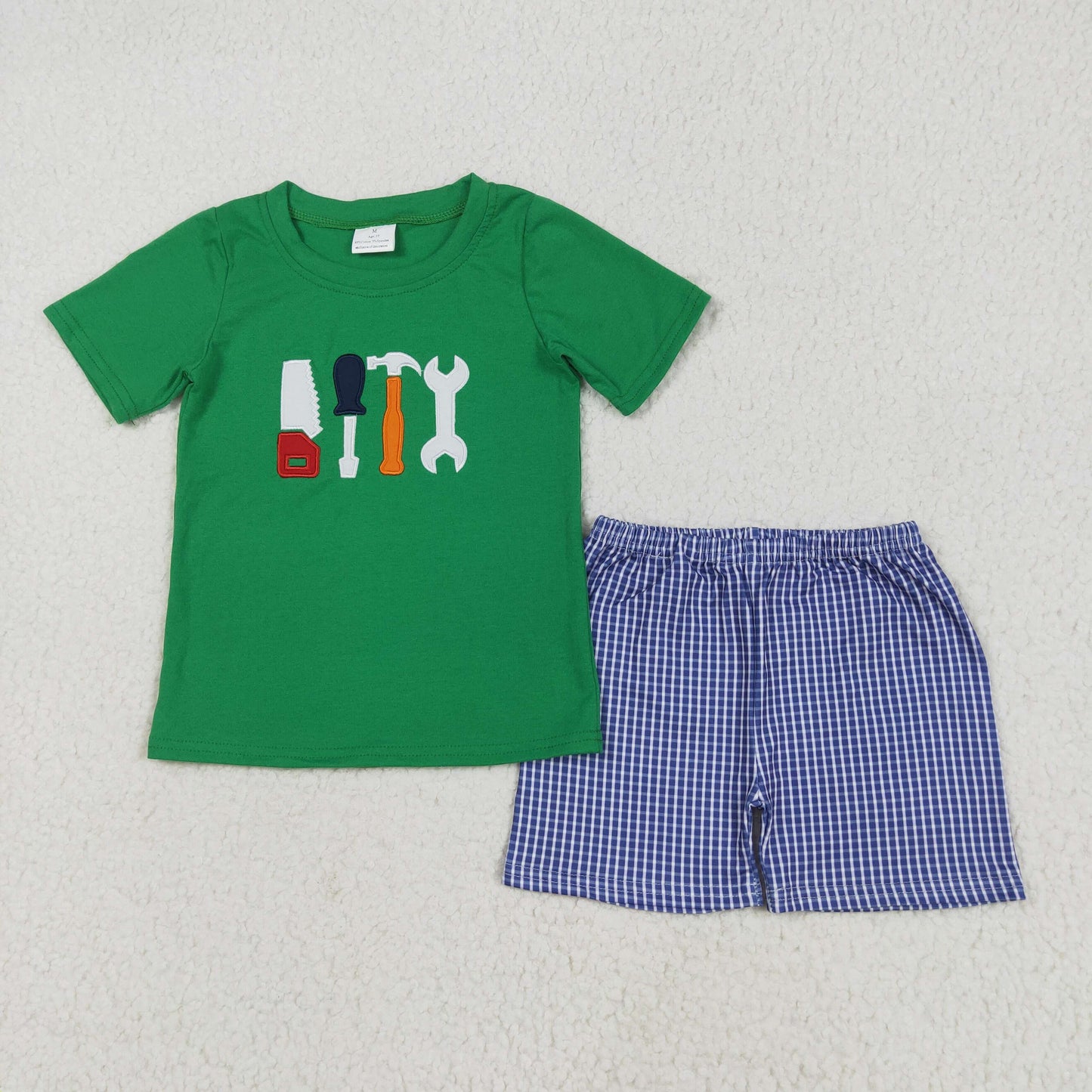 embroidery BSSO1066 cartoon tool dark green short sleeve navy blue checkered shorts boys set
