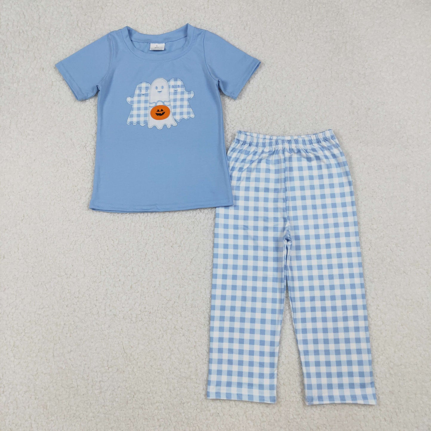 embroidery BSPO0581 Halloween spooky pumpkin blue short sleeve blue checkered pants boys set