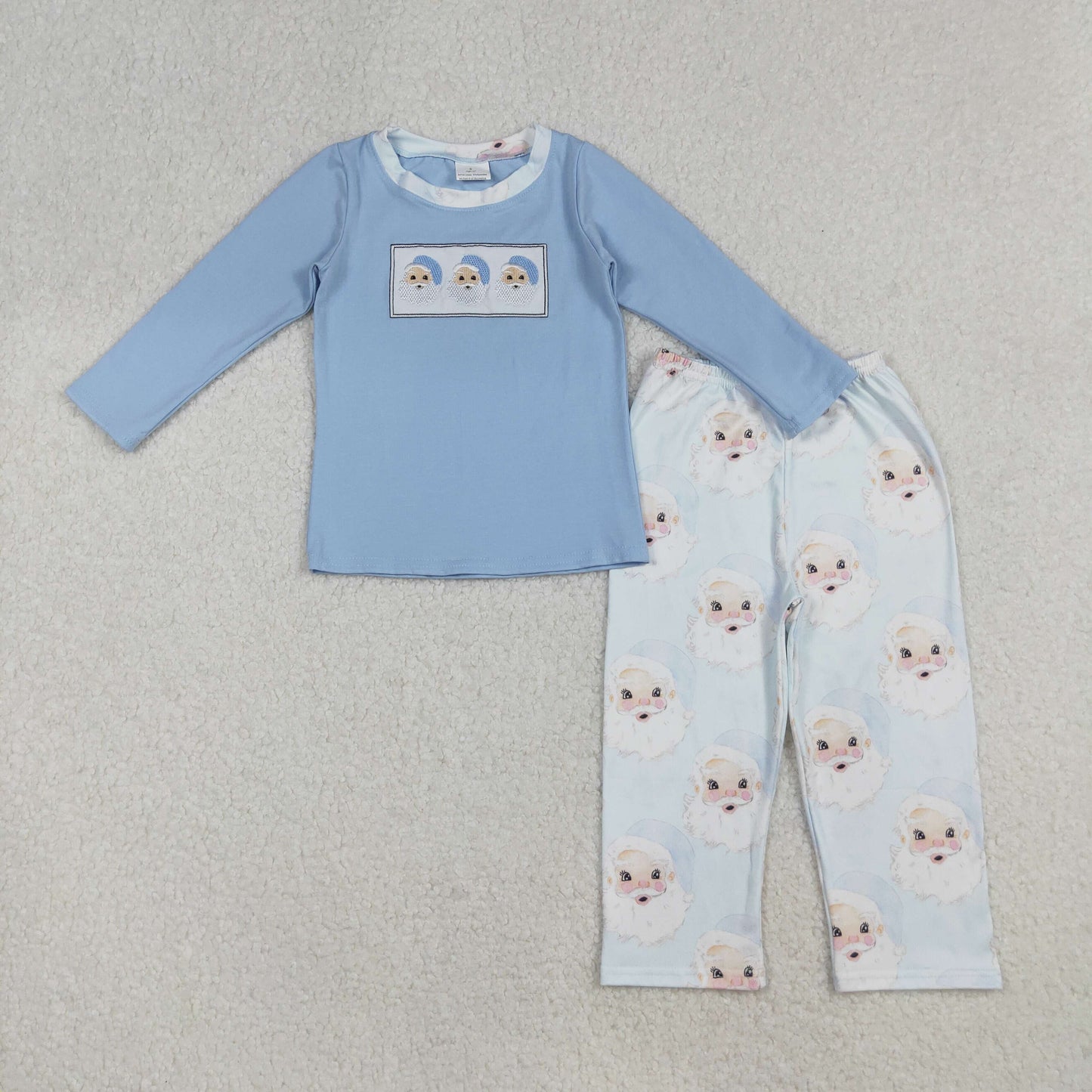 embroidery BLP0505 Christmas Santa blue long sleeve pants boys set