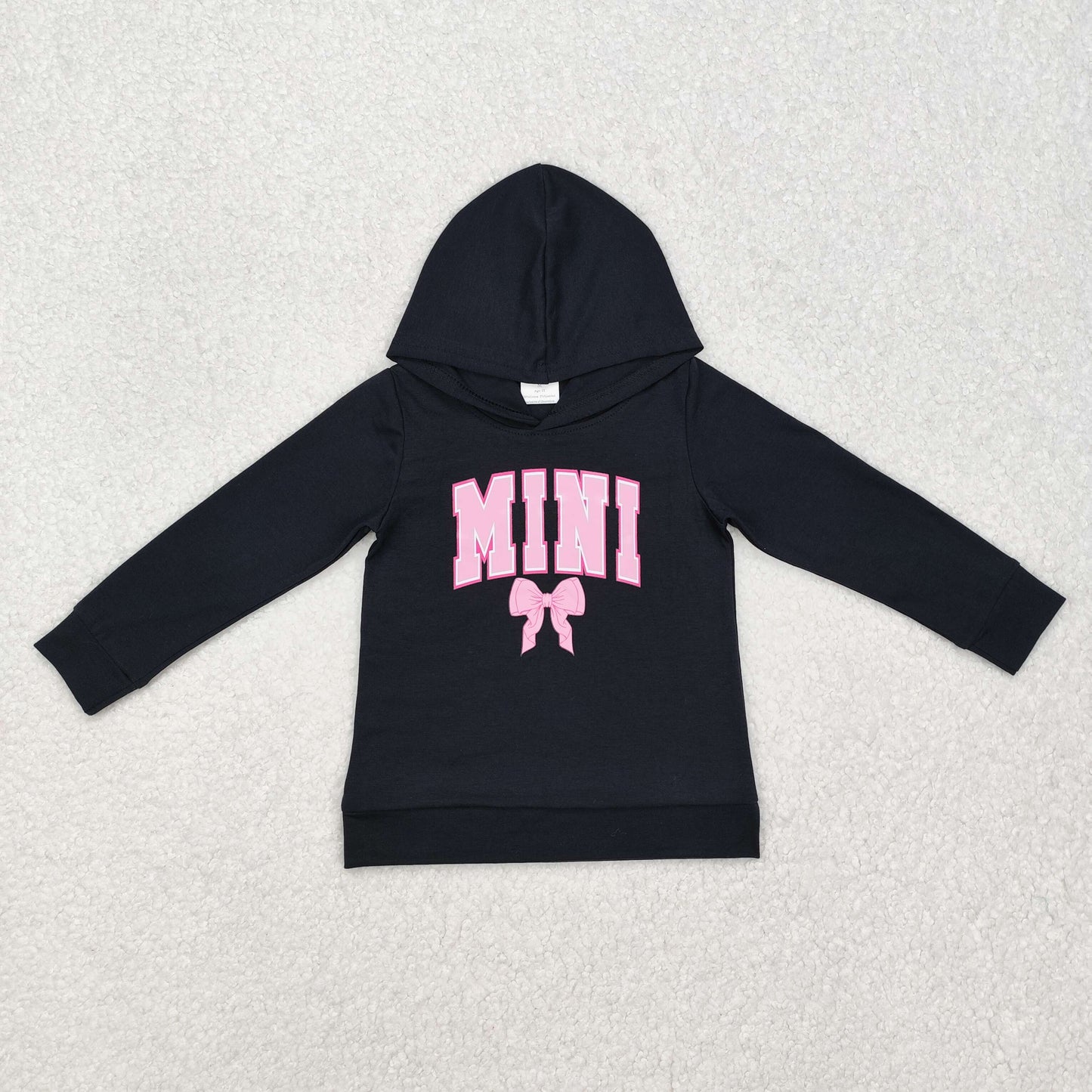 GT0902 Offset Printing MINI Pink Bow Black Long Sleeve Hoodie Girls Pullover Girls Top