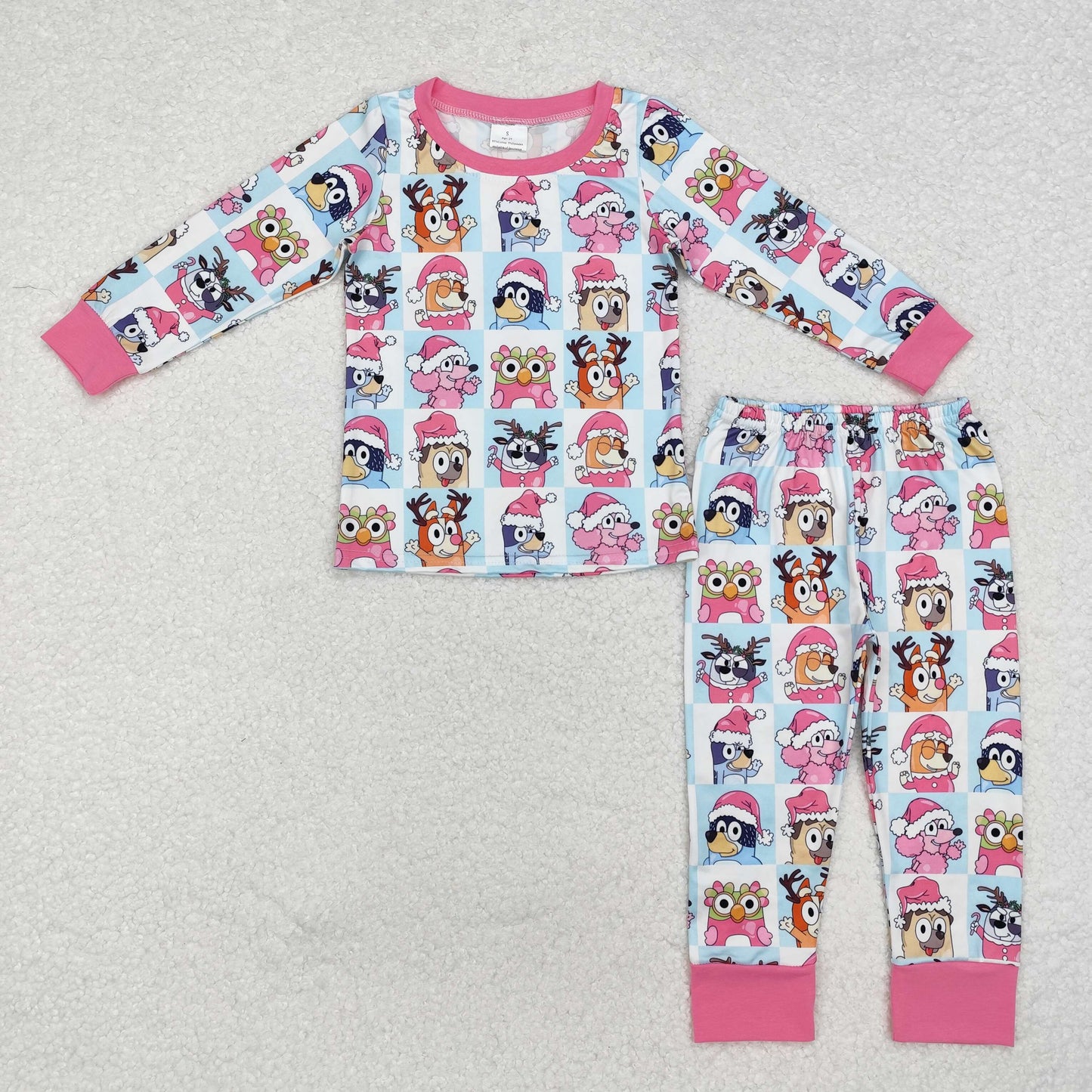 GLP1805 Christmas blue dog hot pink long sleeve pants girls pajamas
