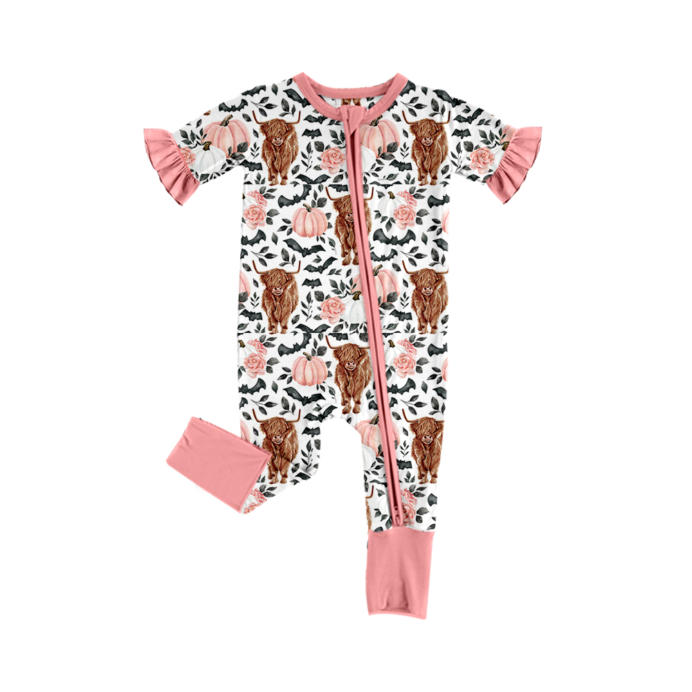 preorder SR1691 highland cow pumpkin pink long sleeve zipper girls romper