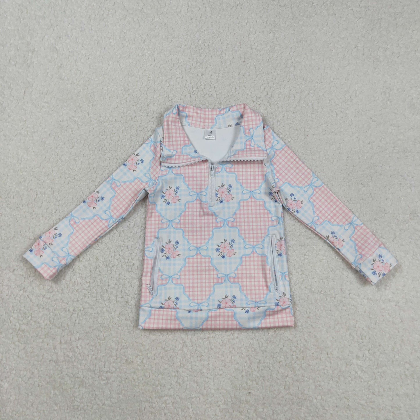 GT1062 yoga pink flowers checkered long sleeve zipper girls top