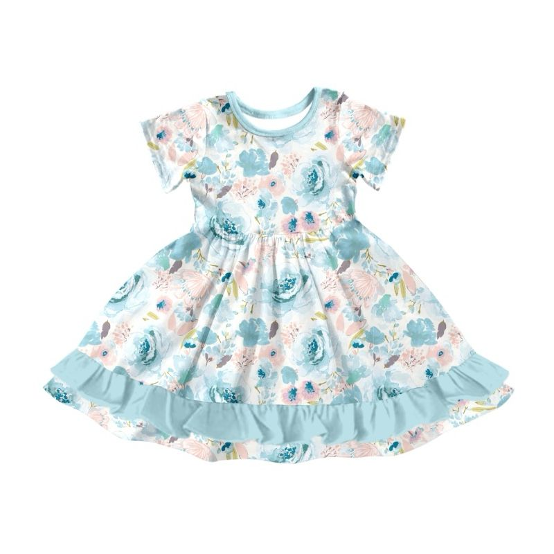 Preorder GSD1515 colorful flowers blue short sleeve girls dress