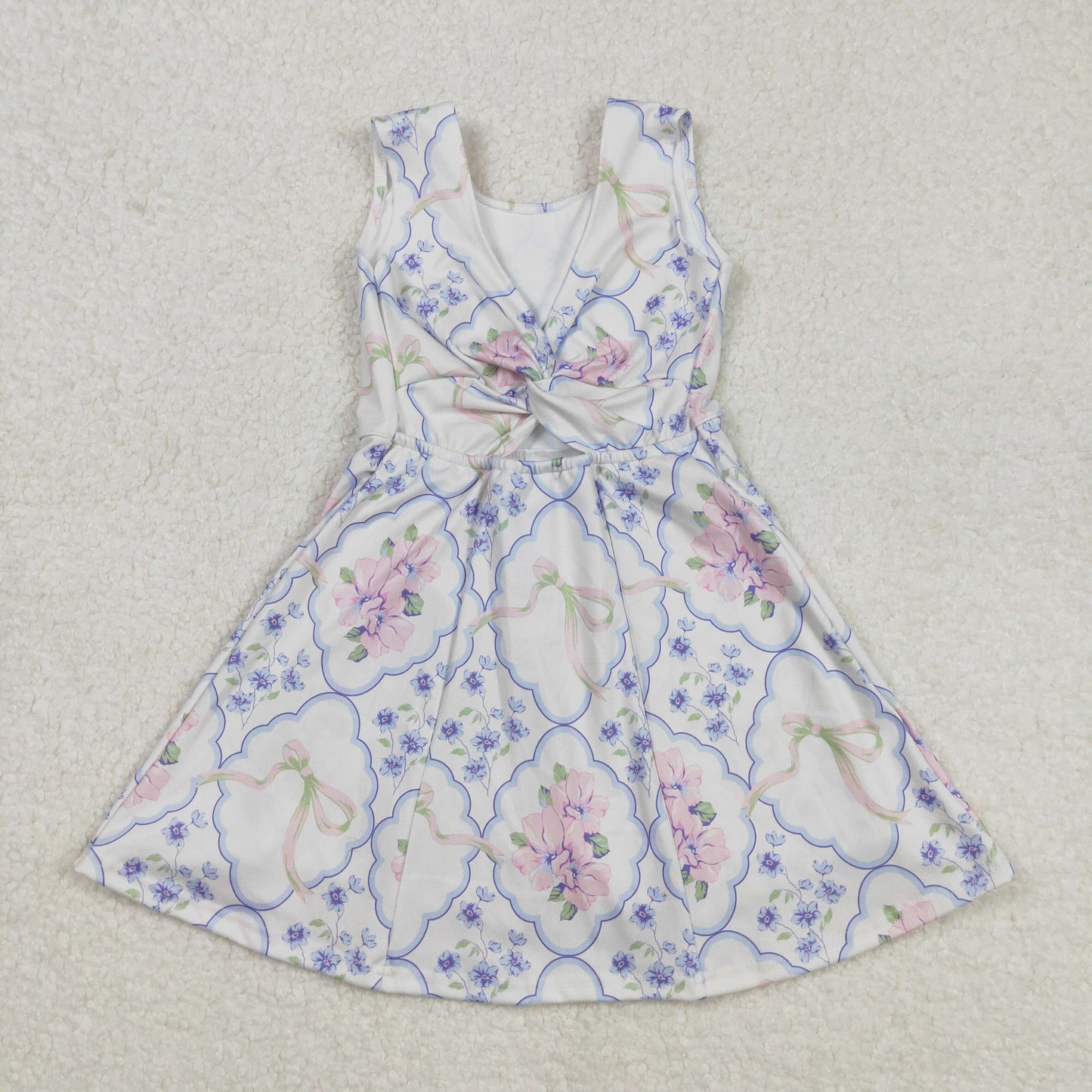 GSD1864 Pink Flowers Bows Blue Flowers Twirl Bows With Shorts Girls Yoga Dress