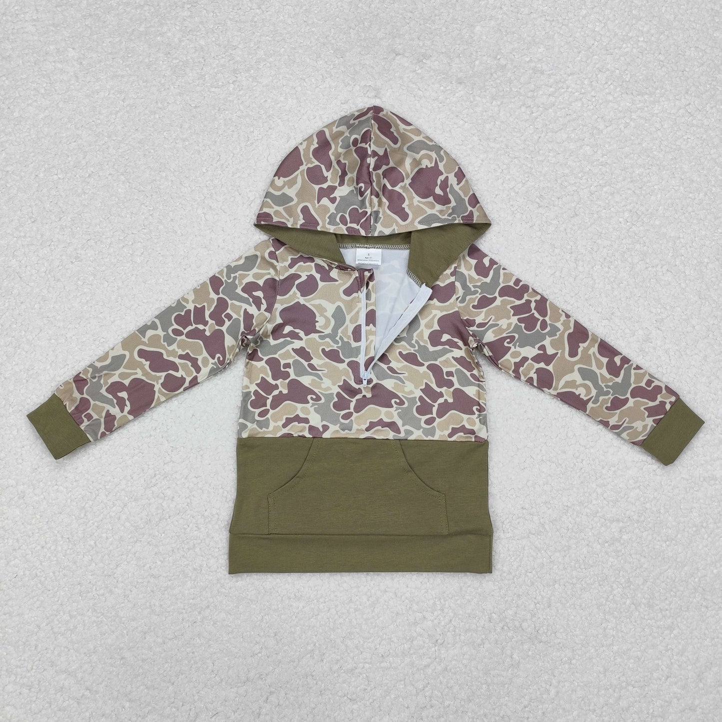 BT0913 light green camo pocket hoodie zipper long sleeve boys pullover