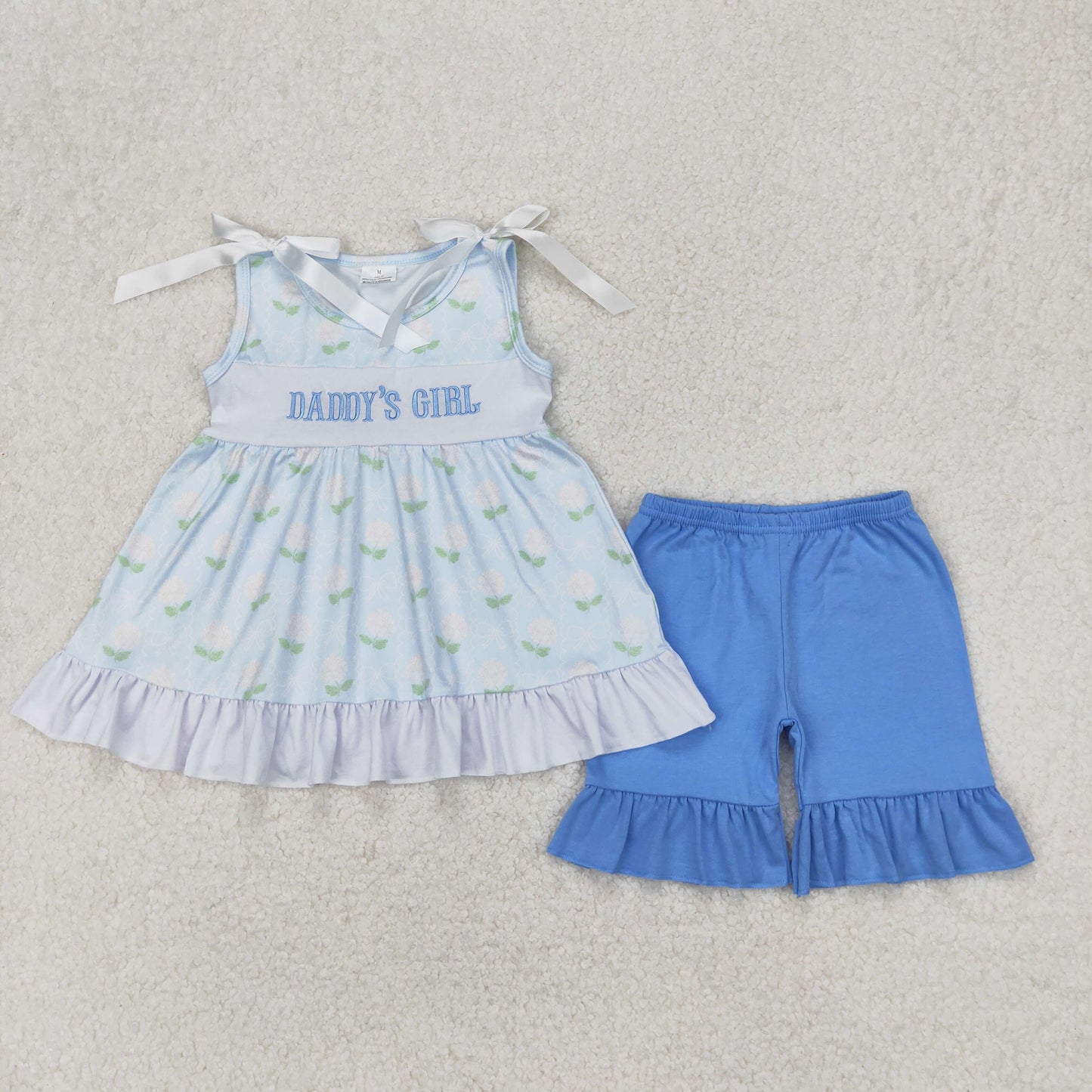 GSSO2152 embroidery daddy's girl flowers sleeveless blue shorts girls set