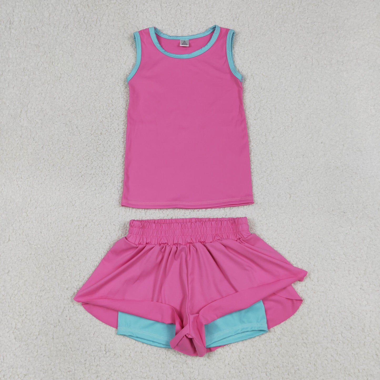 GSSO3526 Yoga Solid Color Hot Pink Sleeveless Shorts Girls Set