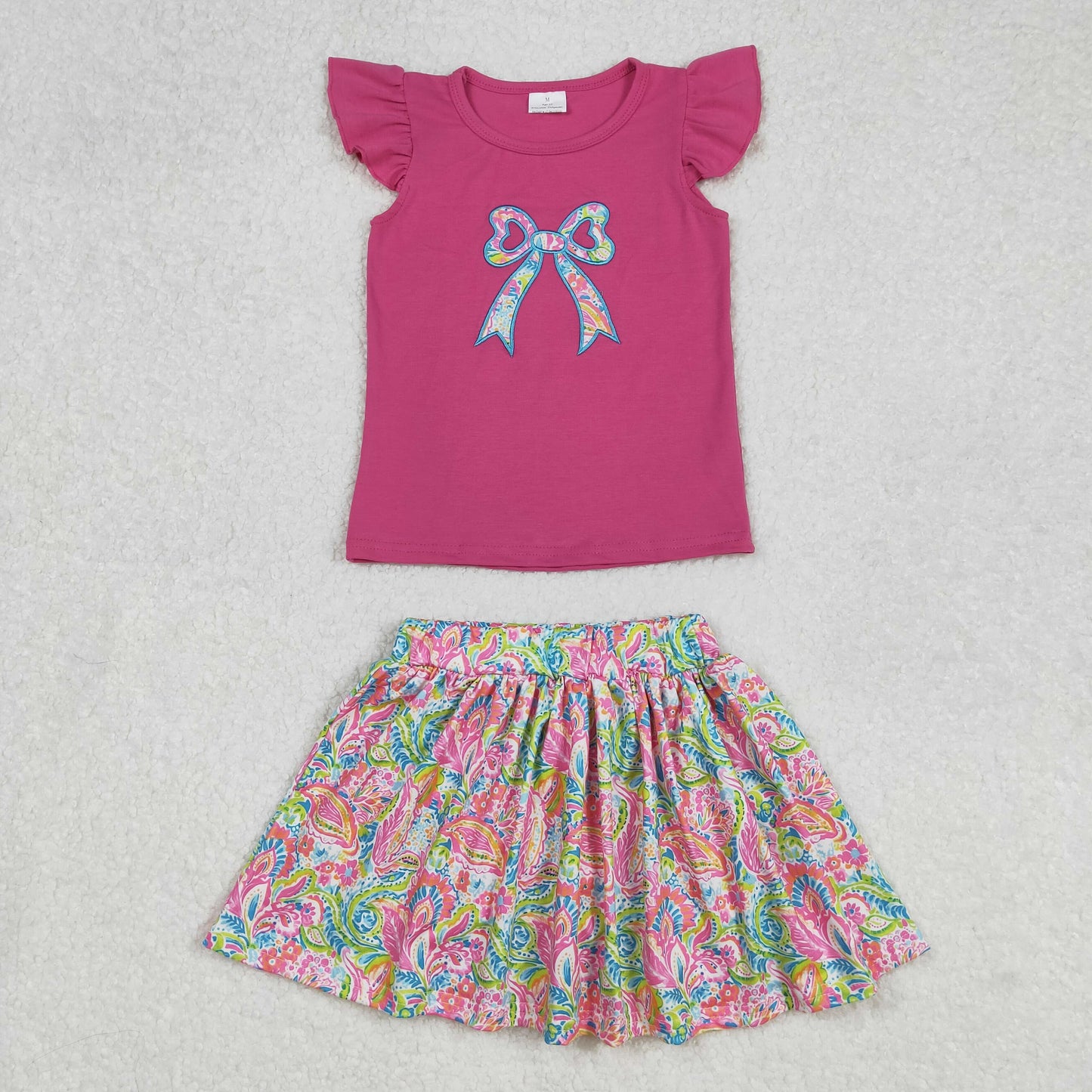 embroidery GSD1688 Bow Hot Pink Flutter Sleeve Colorful Printing Skirt With Shorts Girls Set