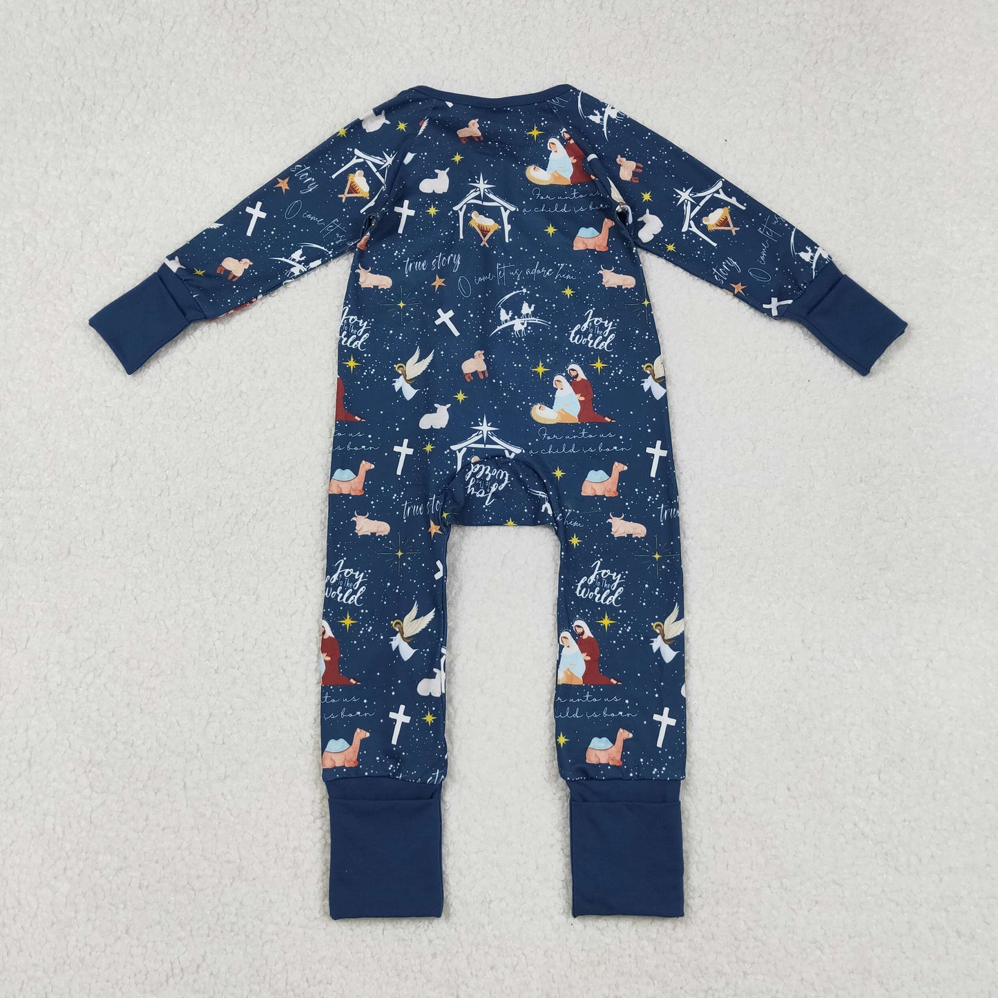LR2504 The Nativity Story blue long sleeve zipper boys romper