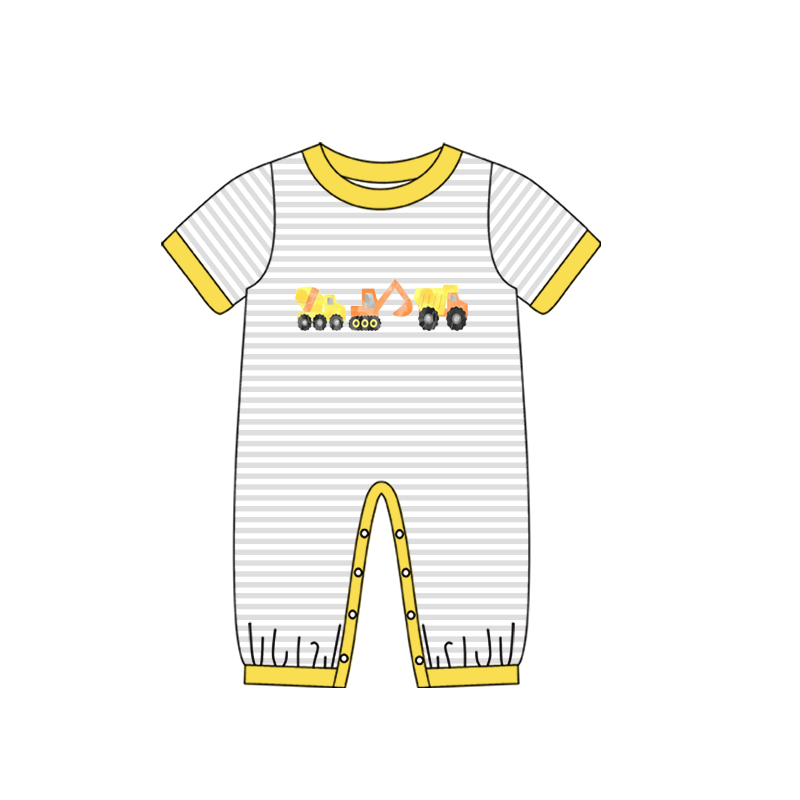 preorder SR0646 Construction truck yellow striped short sleeve boys romper