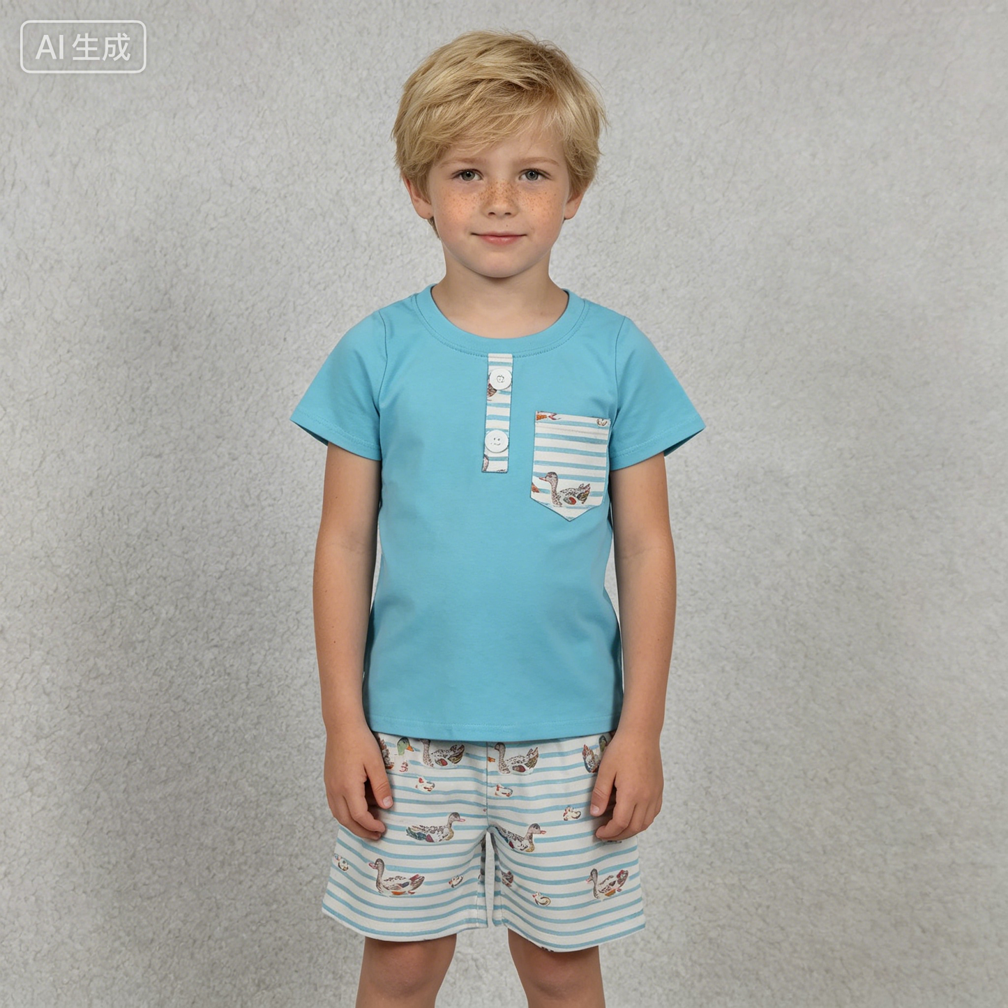 BSSO1802 Hunting Mallard Duck Pocket Blue Short Sleeve Shorts Boys Set