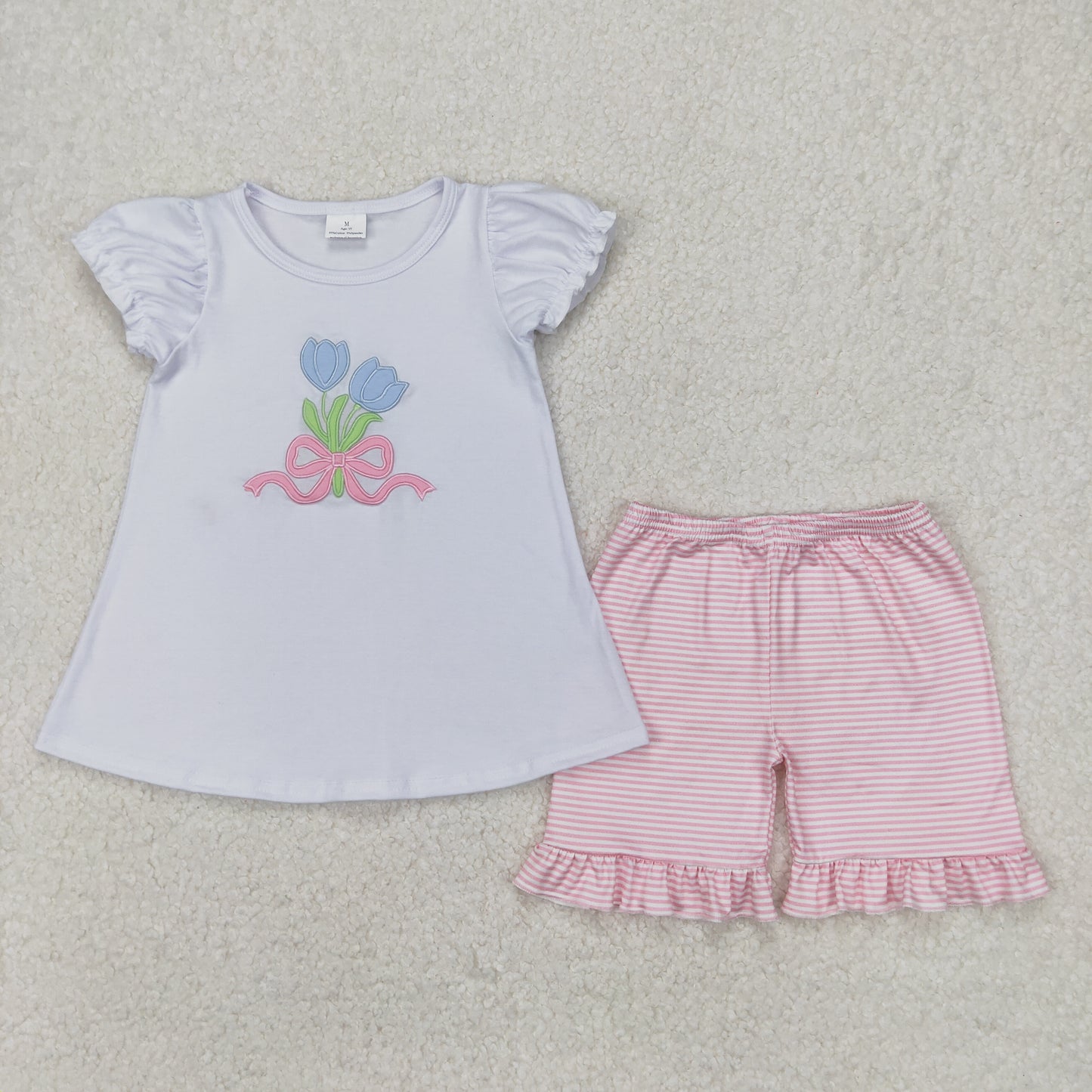 GSSO2275 embroidery pink bows flowers short sleeve pink shorts girls set