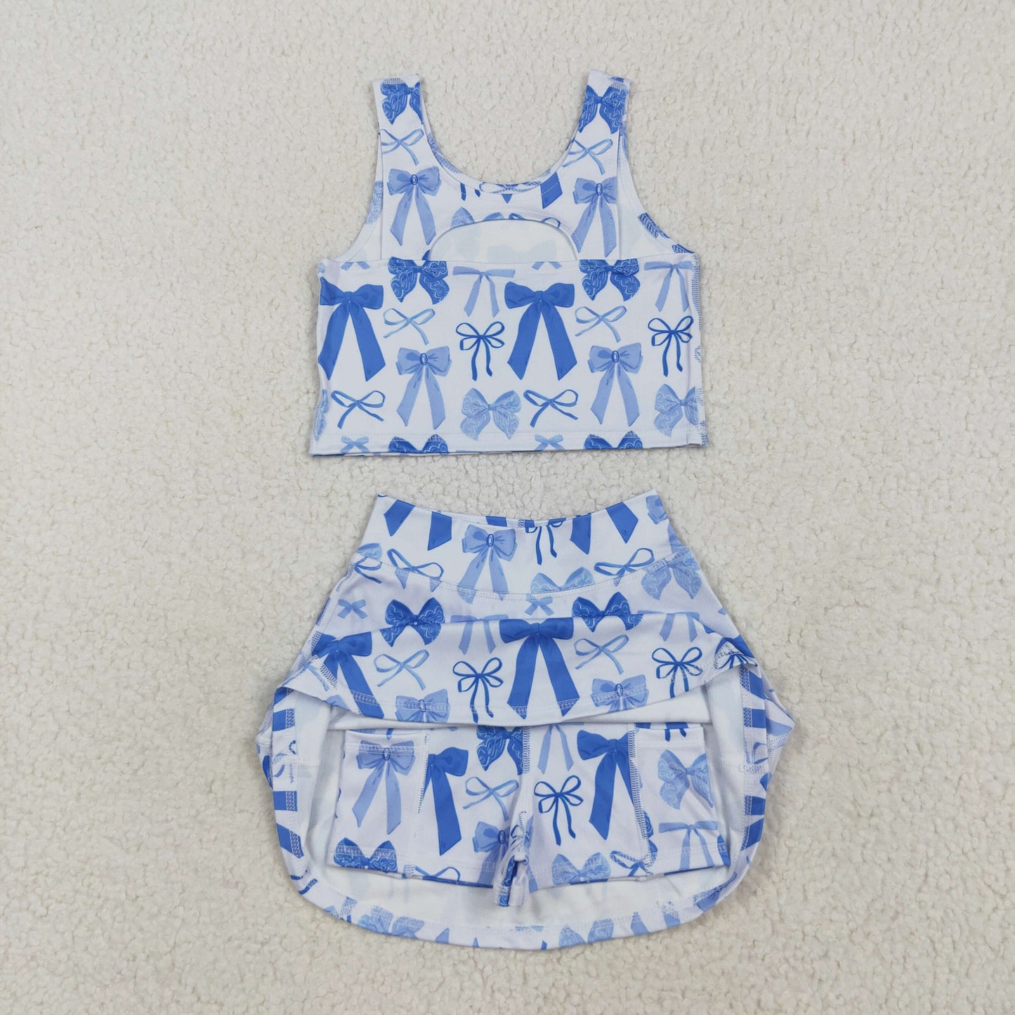 GSD2640 yoga blue bows sleeveless skirt with shorts girls set