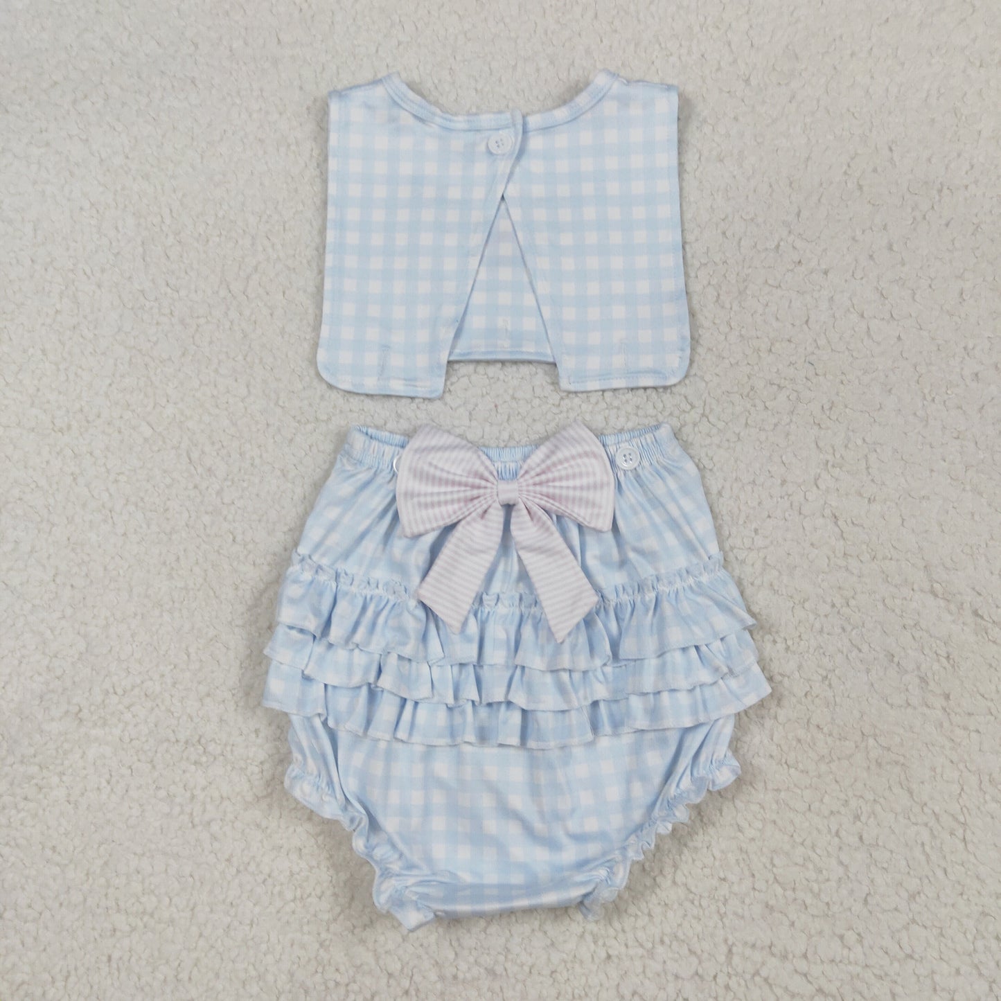 SR2203 Embroidery pink bows blue checkered sleeveless girls romper