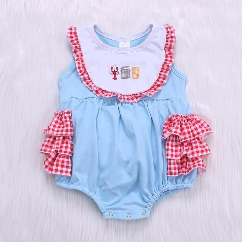 preorder SR1135 Crayfish red checkered ruffles blue sleeveless girls romper