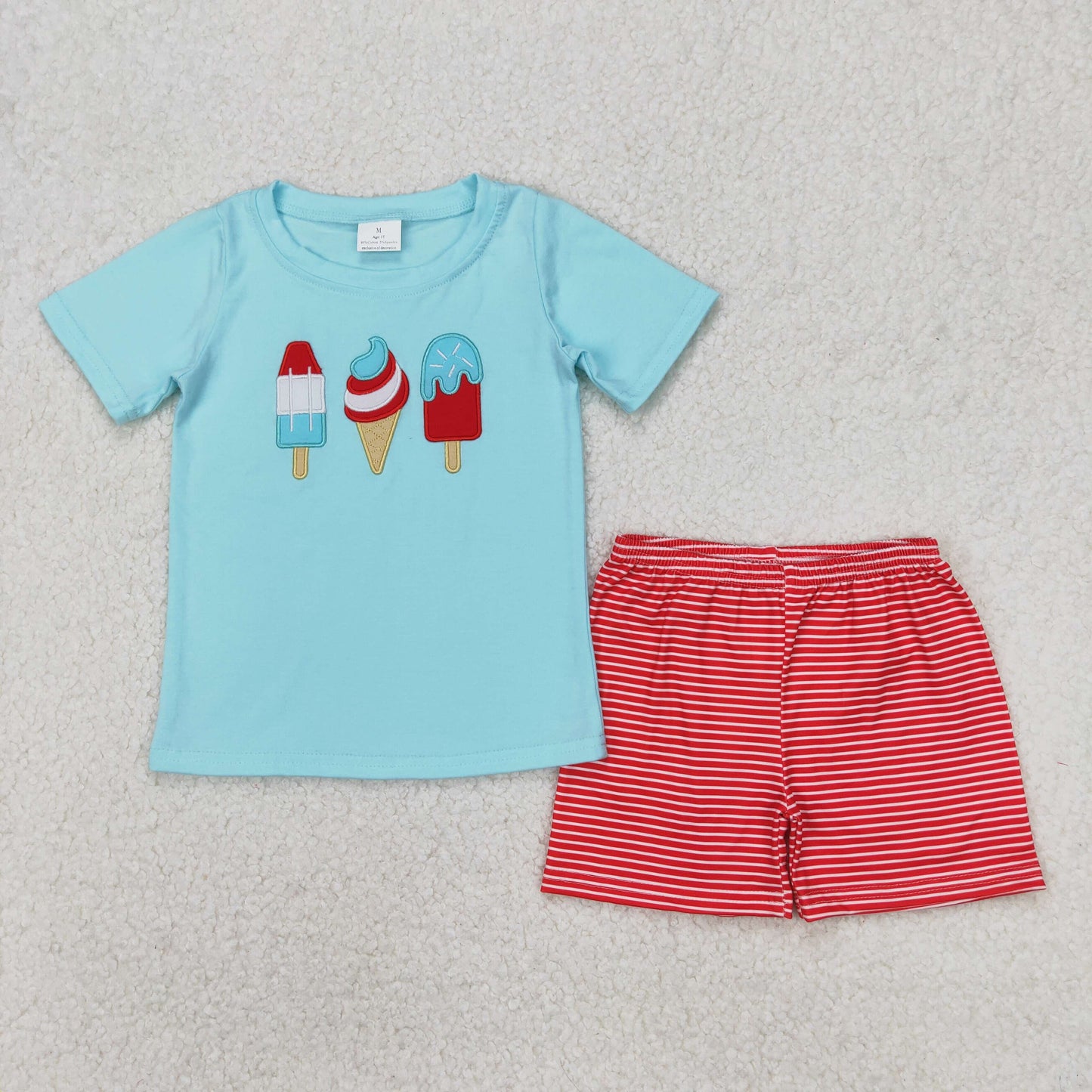 embroidery BSSO1269 July 4th Ice Blue Short Sleeve Red Striped Shorts Boys Set
