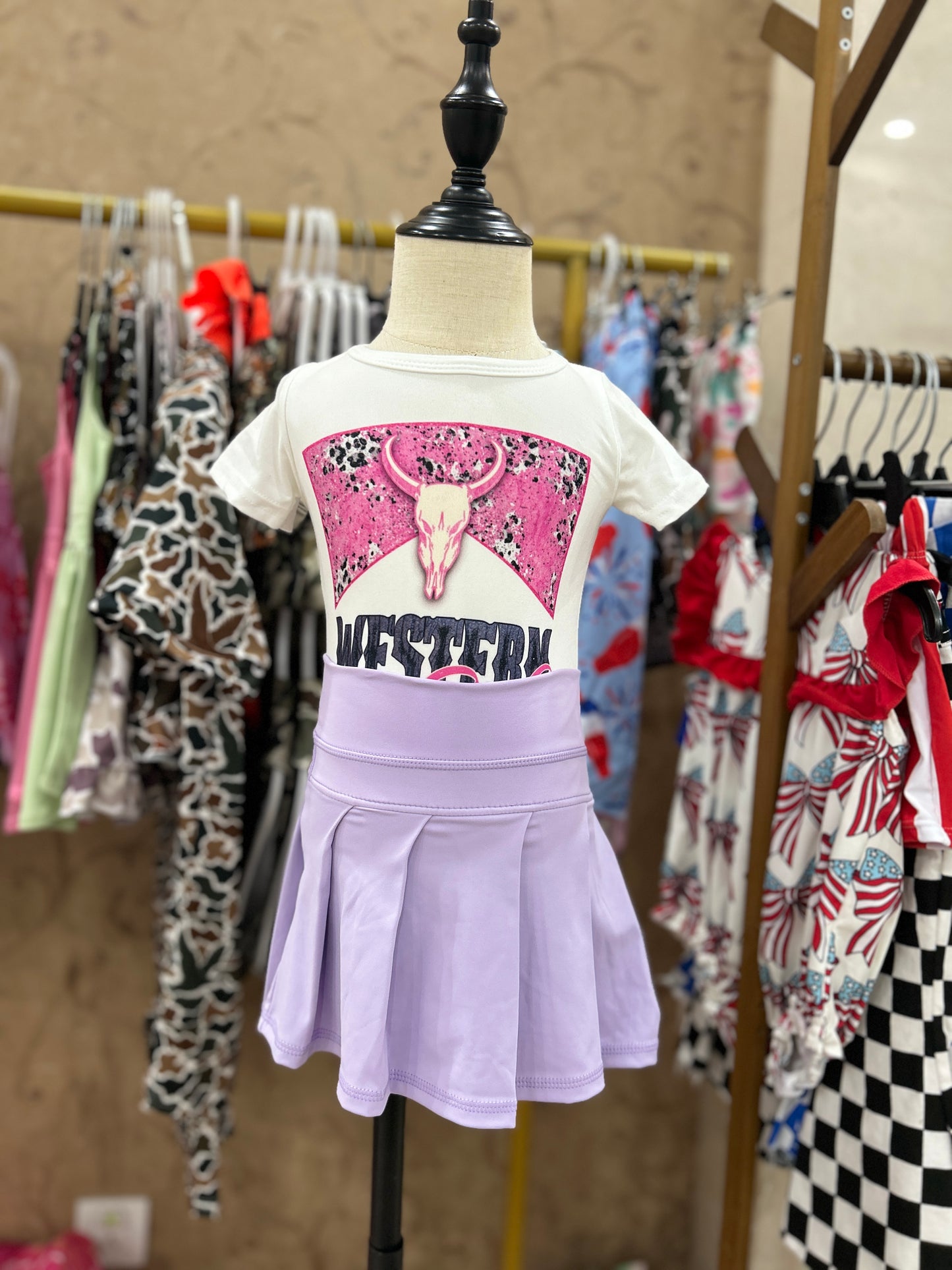 Western cow short sleeve yoga light purple skirt skort girls set