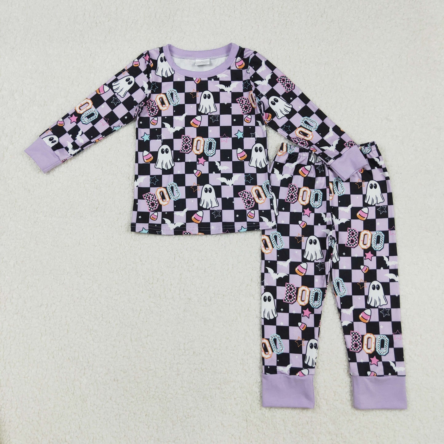 GLP2684 Halloween spooky Boo purple black checkered long sleeve pants girls pajamas
