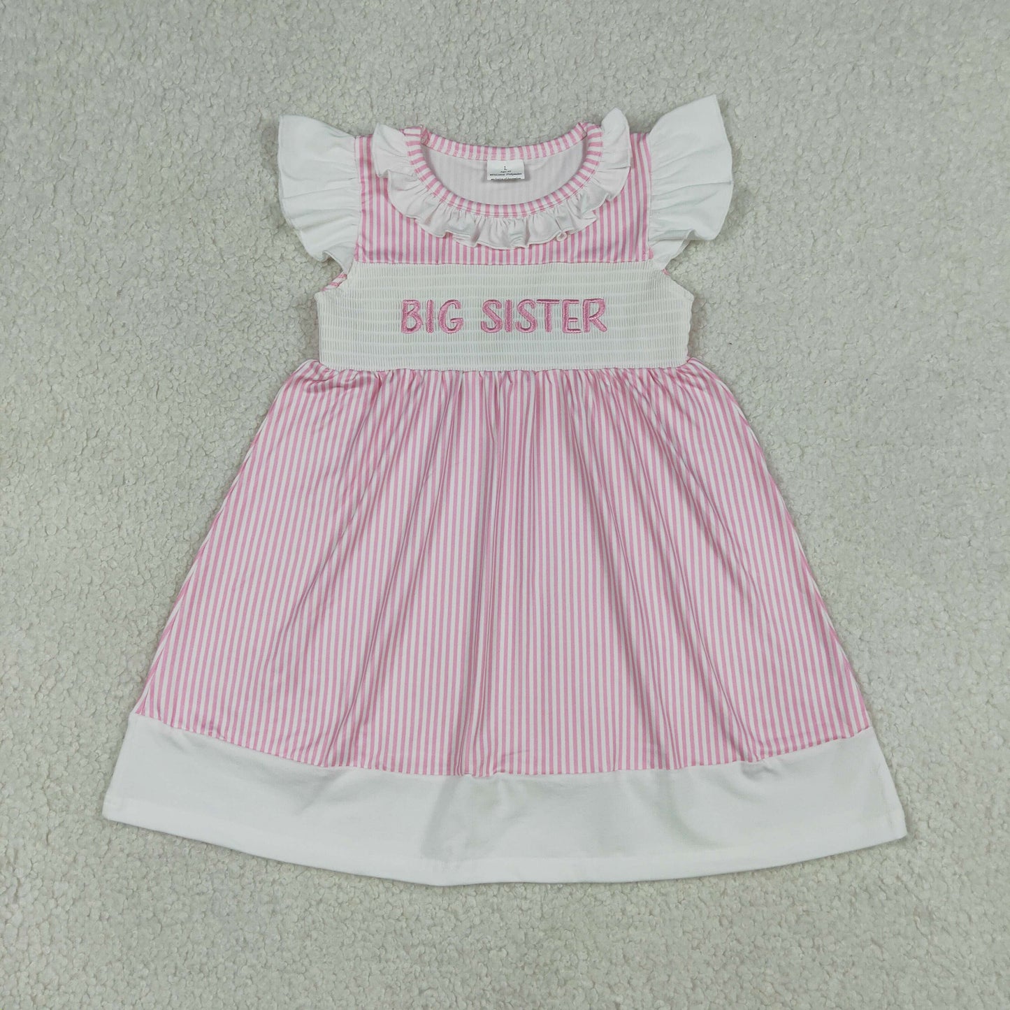 Smocked Embroidery GSD3153 Big Sister Pink Flutter Sleeve Girls Dress