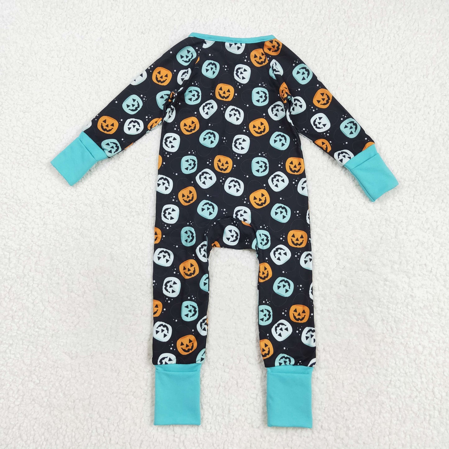 LR2465 Halloween smile pumpkin blue black zipper long sleeve boys romper