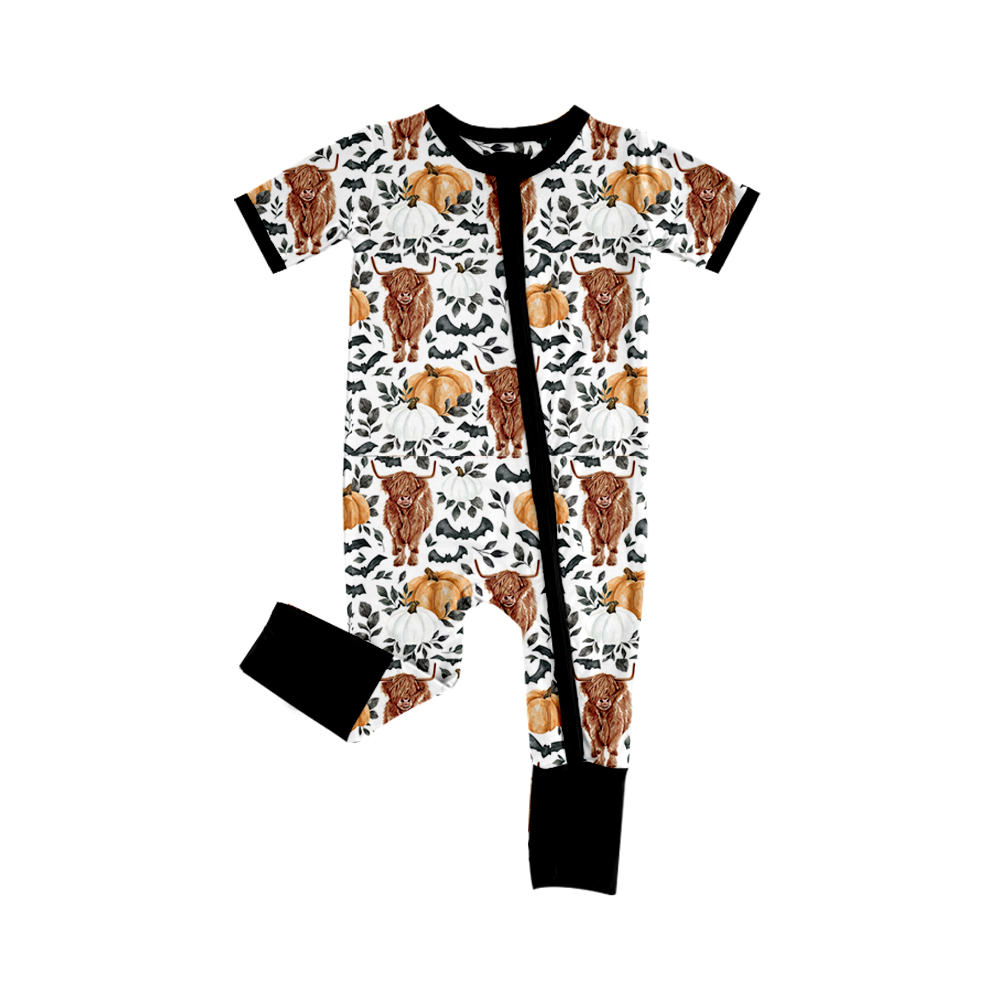 preorder SR1690 highland cow pumpkin black long sleeve zipper boys romper