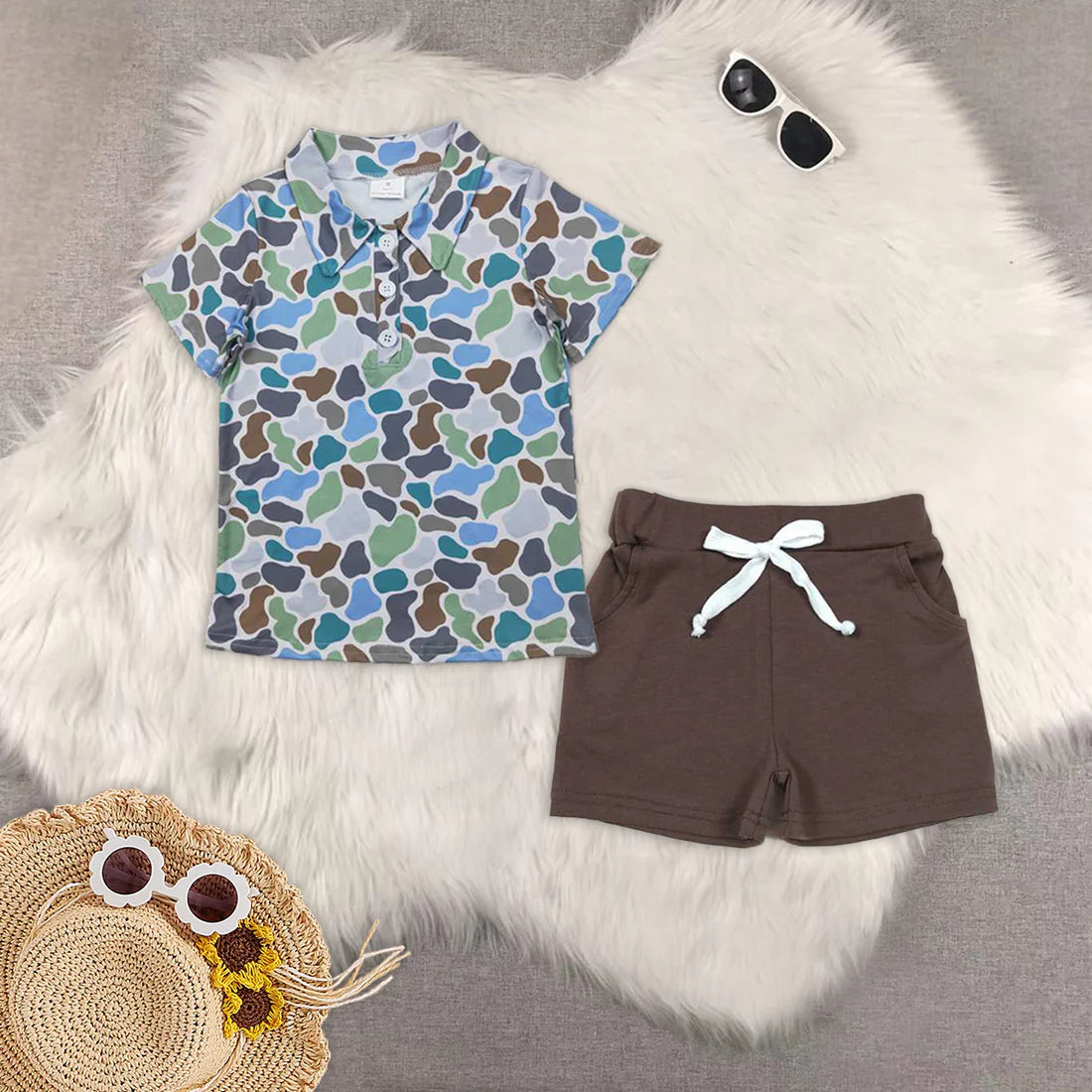 hunting blue camo short sleeve brown shorts boys set BT1214+SS0134