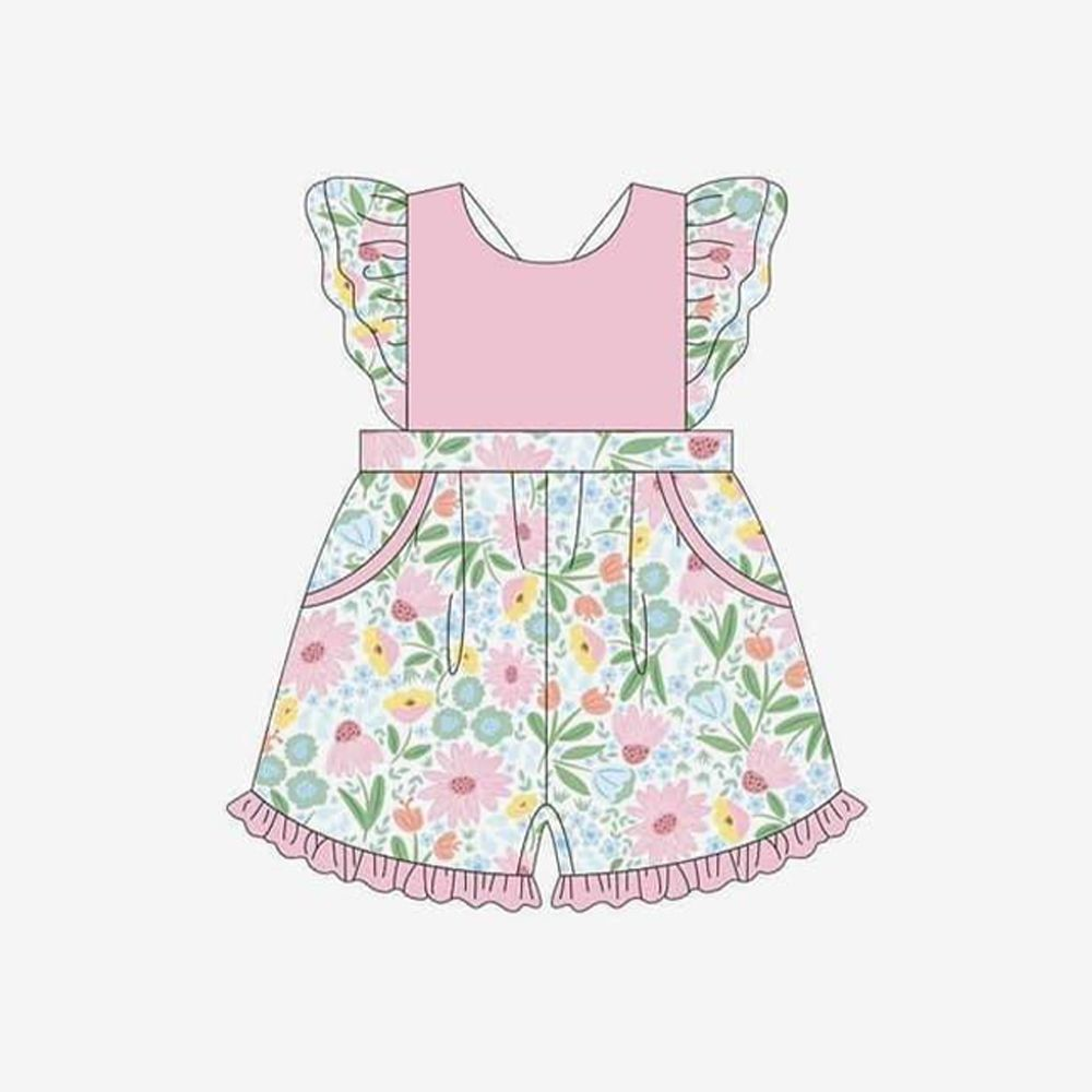 preorder SR2418 Colorful Flowers Pink Flutter Sleeve Girls Romper
