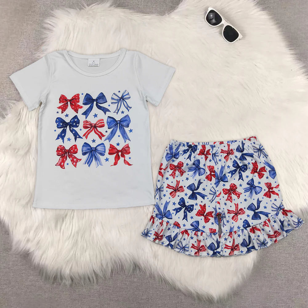 July 4th flag bows girls set Sibling Clothes RTS