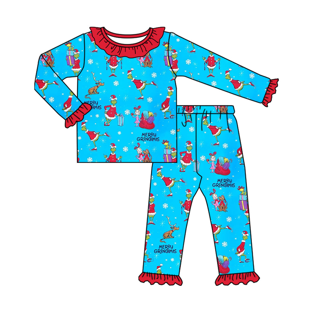 Custom moq 20 bamboo Christmas green face blue long sleeve pants girls pajamas