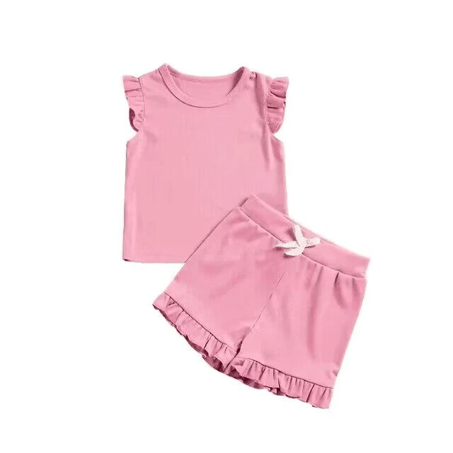 custom S cotton pink flutter sleeve shorts girls set