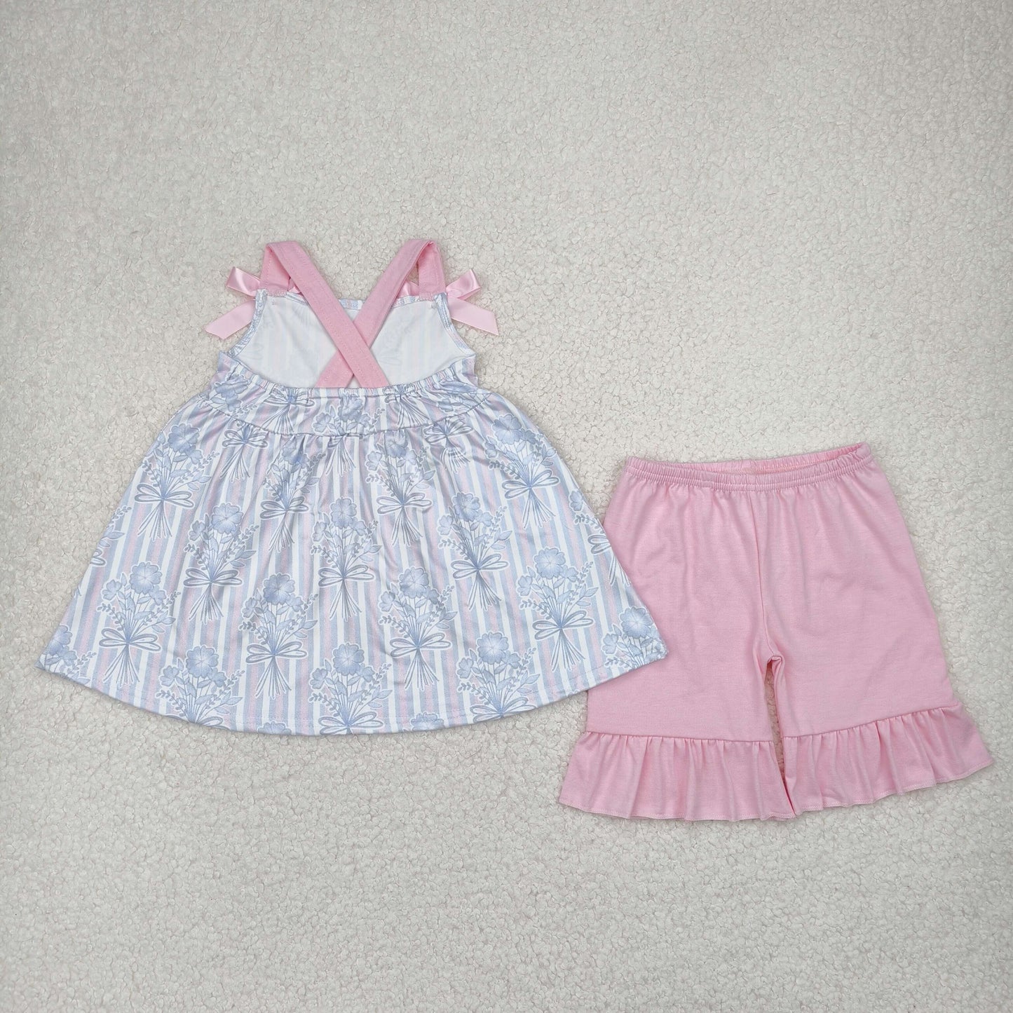 GSSO2429 blue flowers blue striped camisole pink shorts girls set