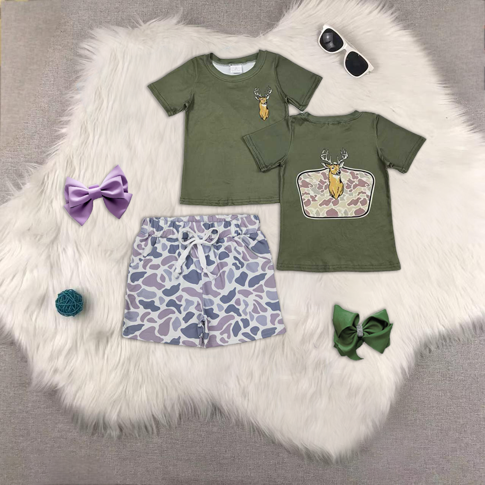 hunting camo deer green short sleeve grey camo shorts boys set