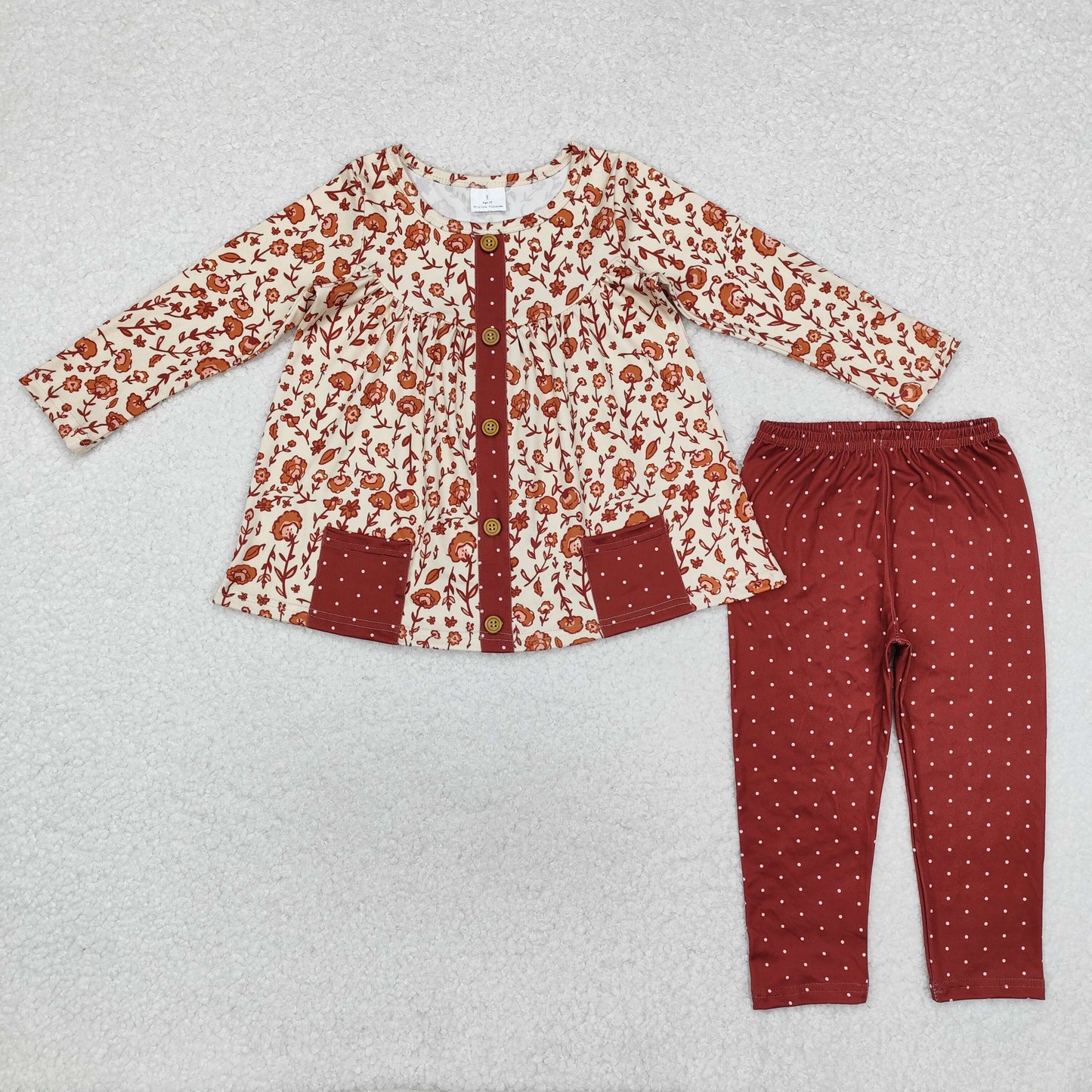 GLP1894 flowers pockets long sleeve dark red dot pants girls set