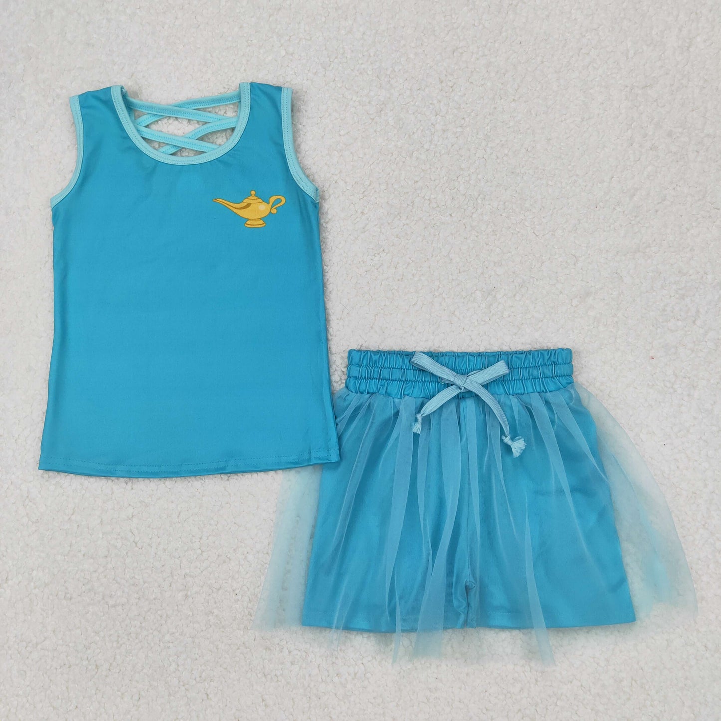 GSD2076 cartoon princess blue sleeveless blue lace skirt with sh girls set