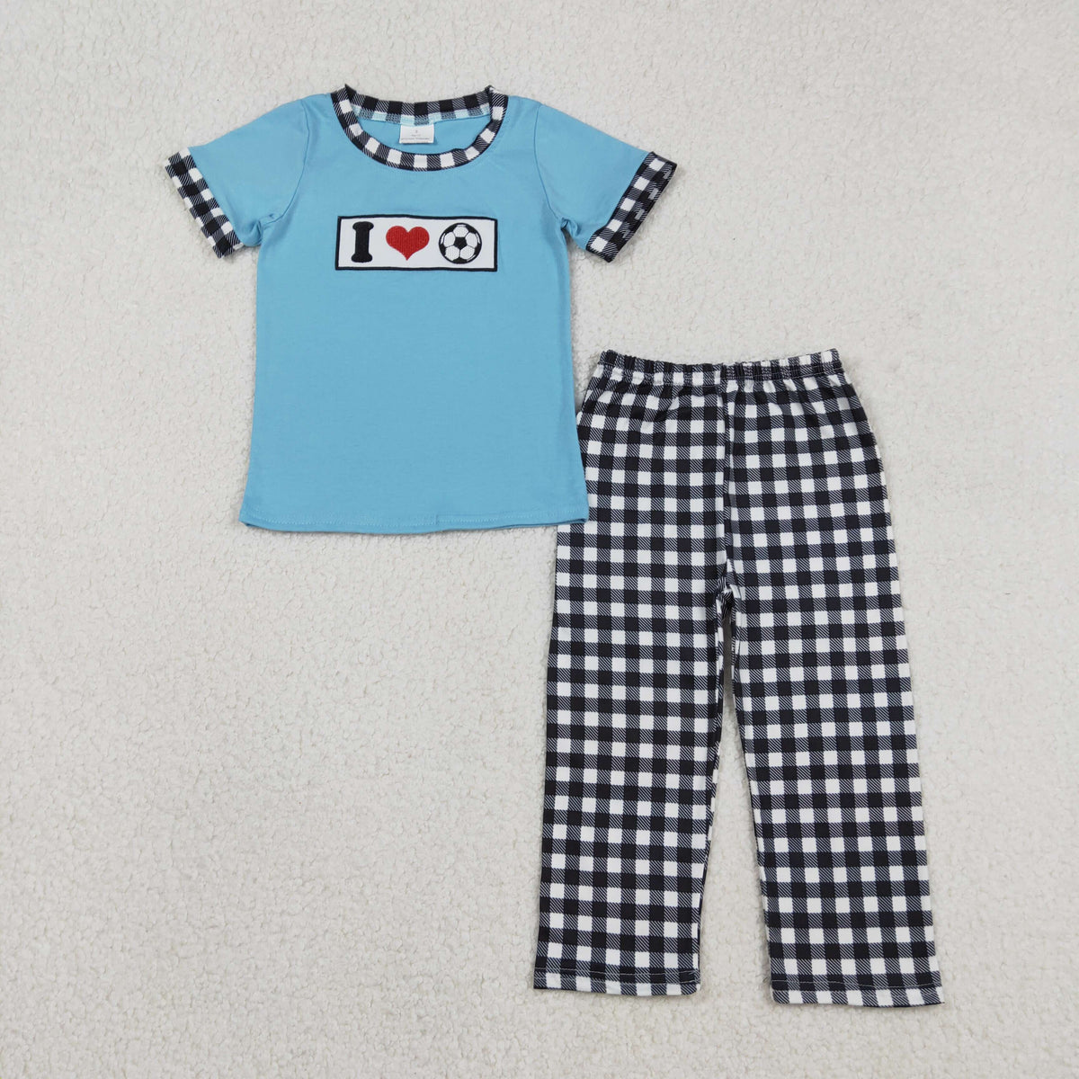 Embroidery BSPO0622 l love soccer blue short sleeve black checkered pants boys set